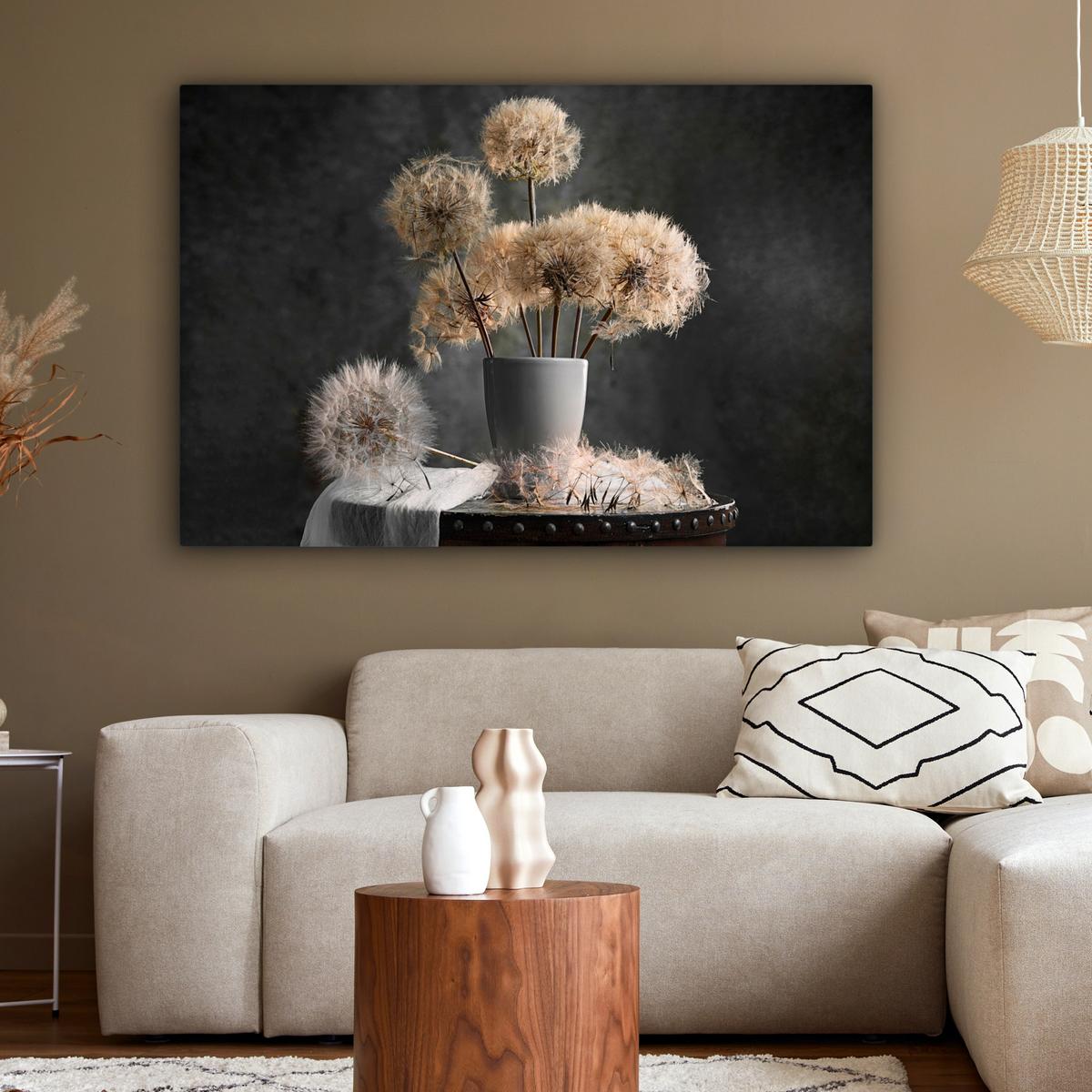 LEINWANDBILD Blumensamen - Löwenzahn - Vase - Stilleben - Blumenstrauß Wohnzimmer Groß 120x80 cm - Dunkelgrau, Textil (120/80cm) - MuchoWow