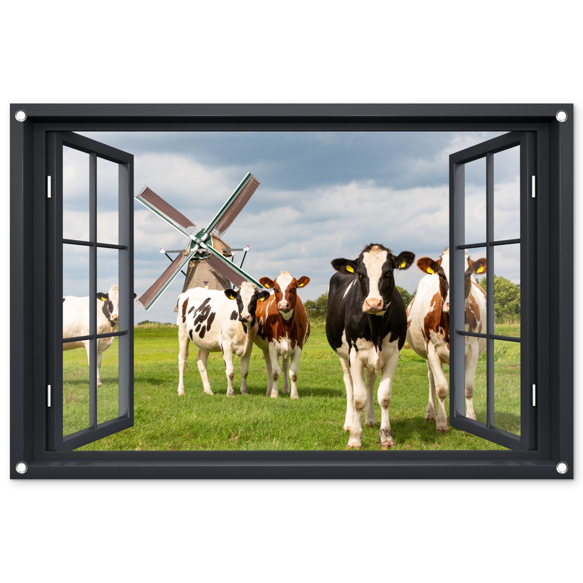 GARTENPOSTER Aussicht - Kuh - Mühle - Kühe - Wiese - Gras - Grün Gartendeko 90x60 cm - Anthrazit, Kunststoff (90/60/0.2cm) - OnlyWow