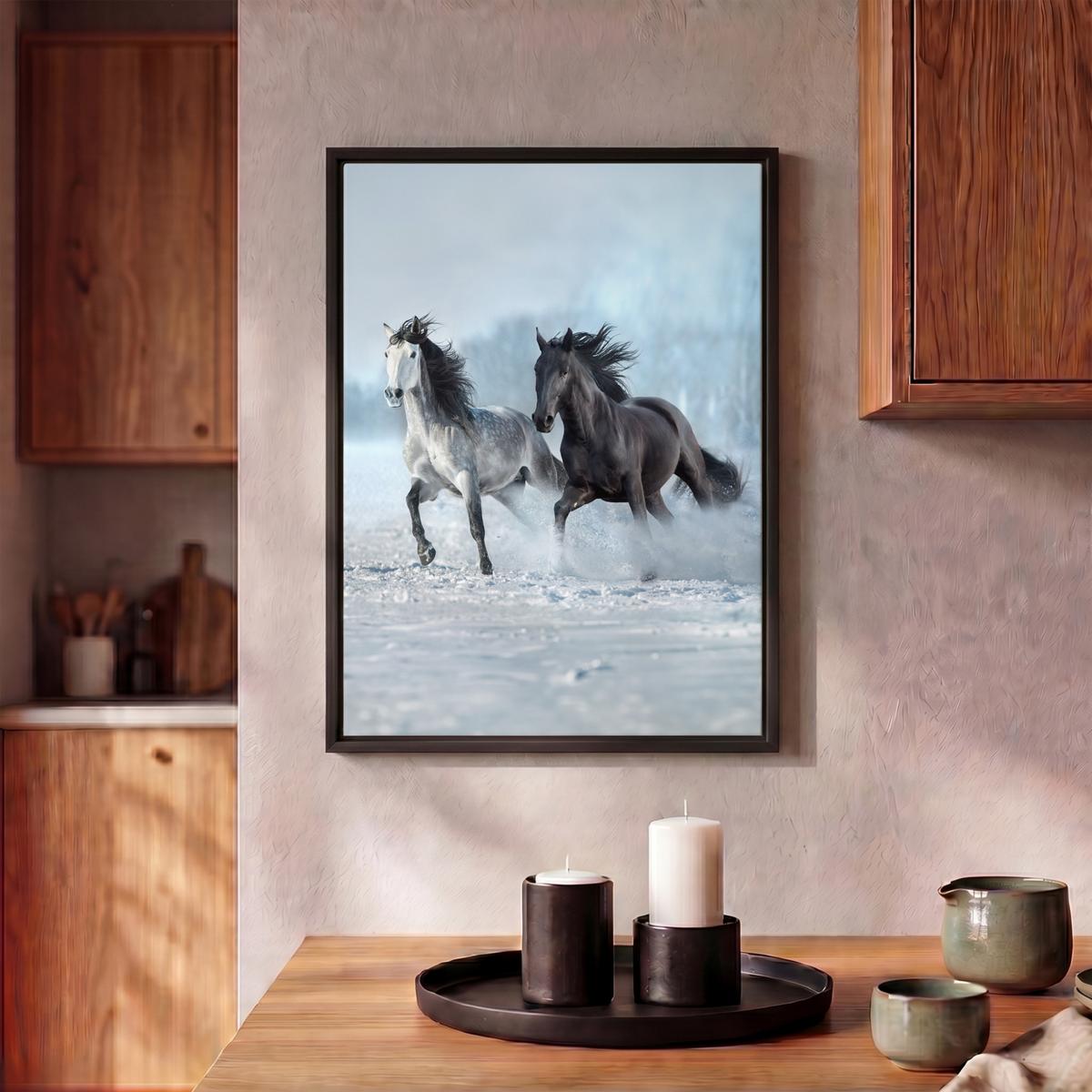 LEINWAND Bilder mit Rahmen - Pferde - Winter - Tiere - Natur - Schnee - 30x40 - Anthrazit, Textil (30/40cm) - MuchoWow