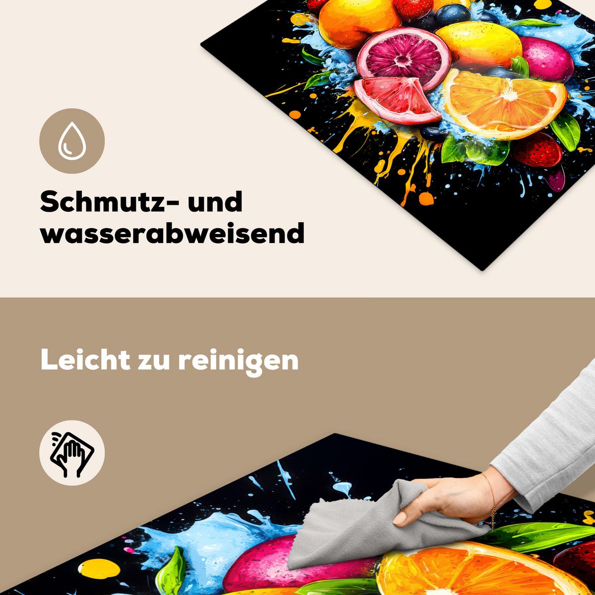 HERDABDECKPLATTE Obst - Graffiti - Bunt - Orange - Erdbeere - Abstrakt Induktionsmatte 71x52 cm - Orange, Kunststoff (71/52/0.2cm) - MuchoWow