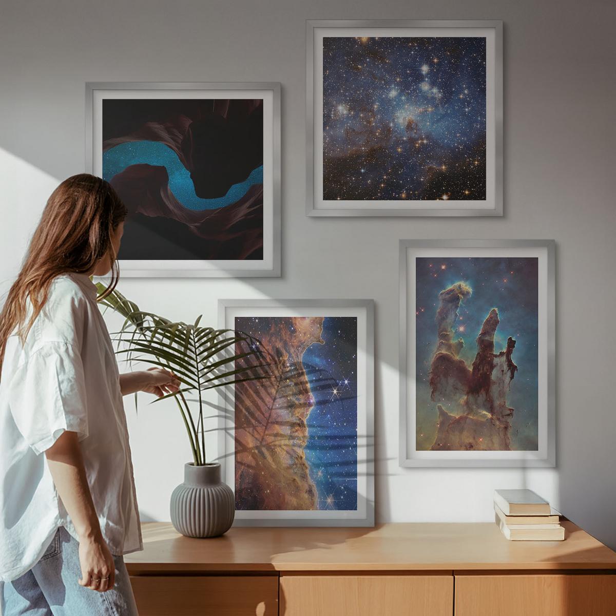BILDER SET 4er Set - 50x50 cm & 40x60 cm Silberner Rahmen - Weltraumlandschaften von Galaxien - Silberfarben, Kunststoff (50/50cm) - TULUP
