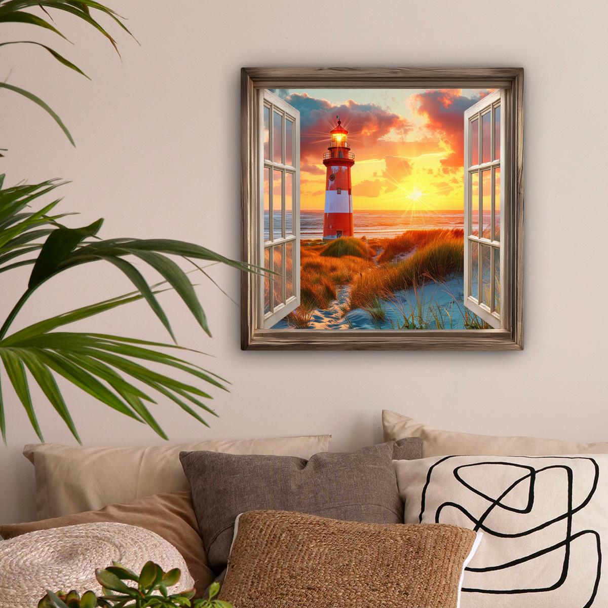 LEINWANDBILD Aussicht - Fenster - Leuchtturm - Sonnenuntergang - Strand Wandbild Wohnzimmer 50x50 cm - Dunkelorange, Textil (50/50cm) - MuchoWow