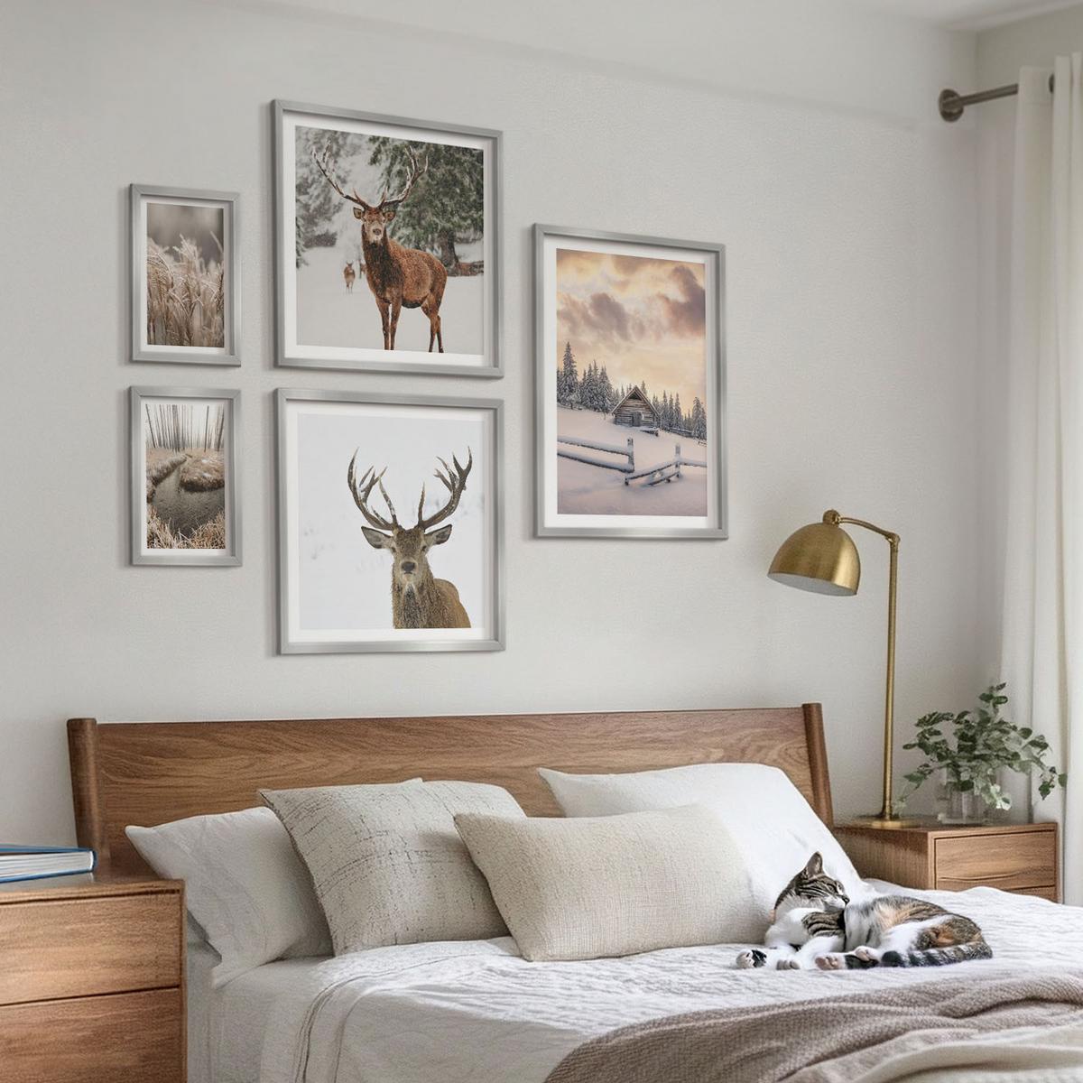 BILDER SET 5er Set - 50x50 cm & 20x30 cm & 40x60 cm Silberner Rahmen - Winterlandschaft mit Hirschen - Silberfarben, Kunststoff (40/60cm) - TULUP