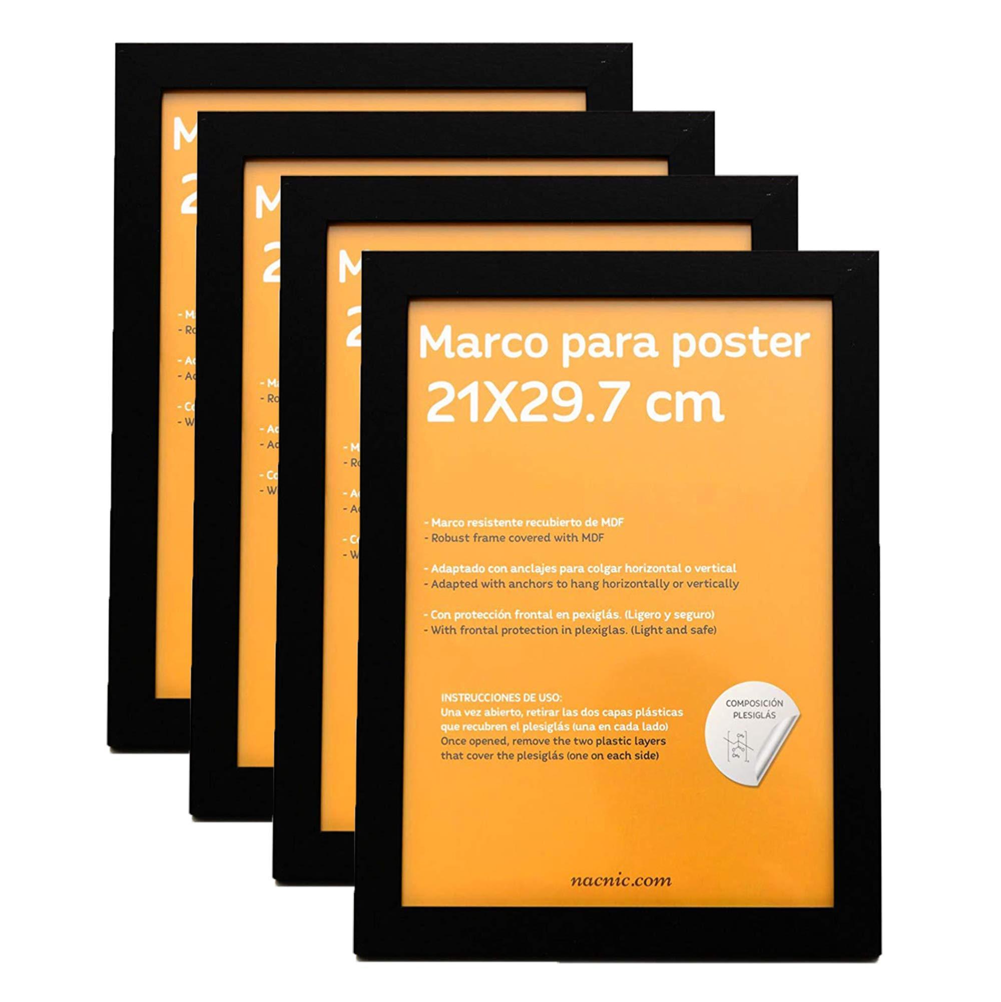 RAHMEN Set mit 4 aus MDF und Acrylglas Schutz und Aussteller für Fotografien, Bilder, Poster, Gemälde, Dekoration für Haus Farbe Schwarz A4 - Schwarz, Holz (21/3cm) - Nacnic