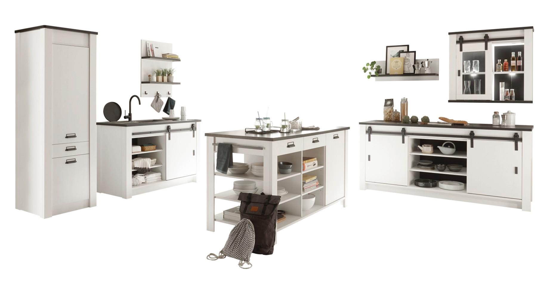 KÜCHEN-SET weiß Pinie, anthrazit Landhaus, Küchenschrank Set 7-teilig mit Kochinsel - Anthrazit/Schwarz, Glas/Holzwerkstoff (201/201/64cm) - Furn.Design