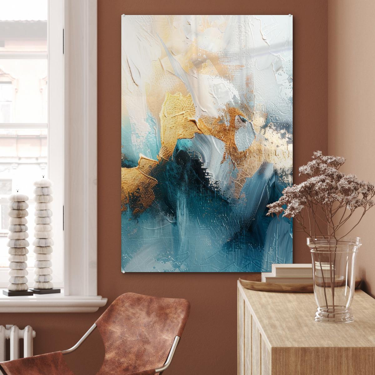 ACRYLGLASBILD Abstrakt - Kunst - Gold - Blau 80x120 cm - Petrol, Glas (80/120cm) - MuchoWow