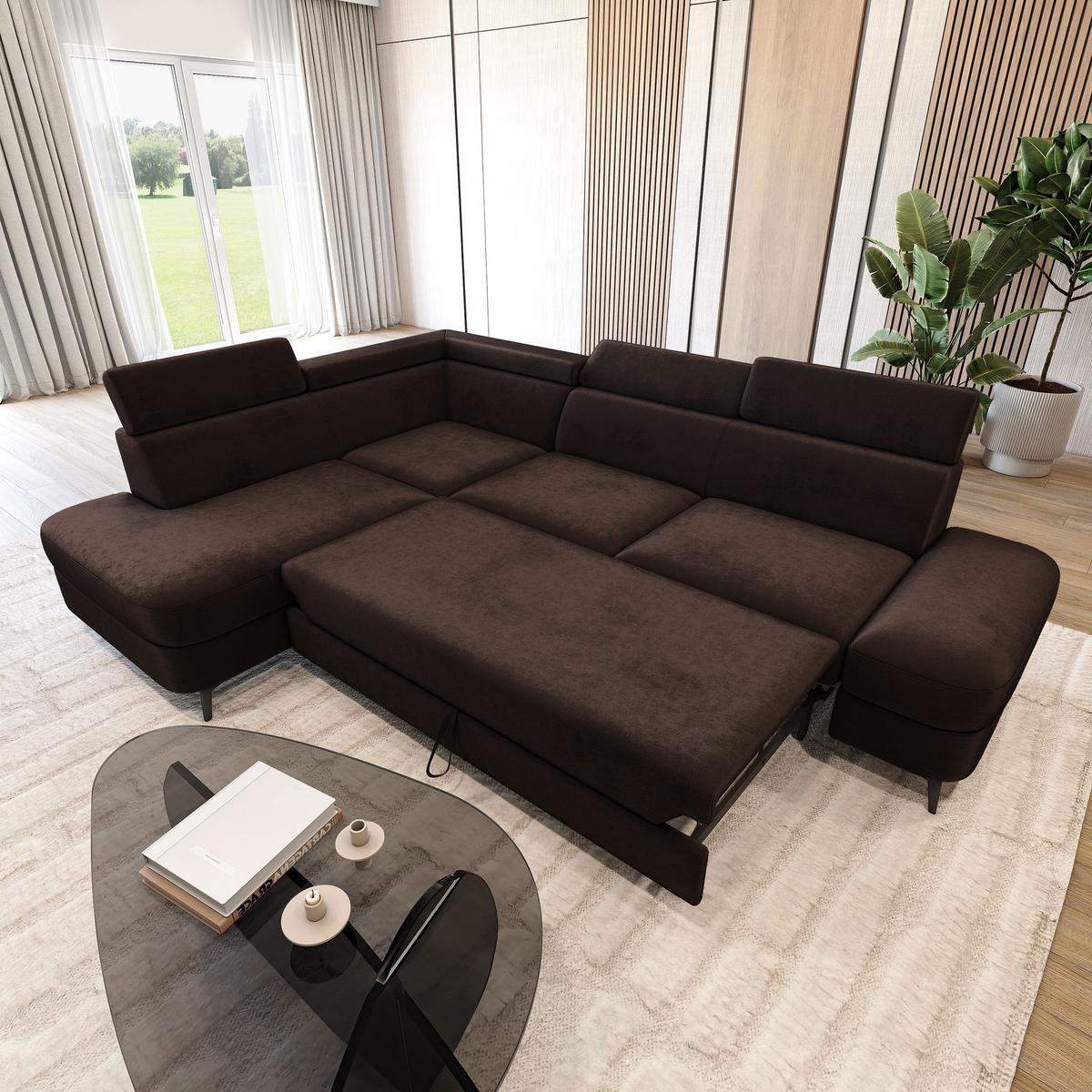 ECKSOFA AVISE M L-S Braun Velours-Stoff mit Schlaffunktion - Braun, Holzwerkstoff/Textil (268/195cm) - MASSENO
