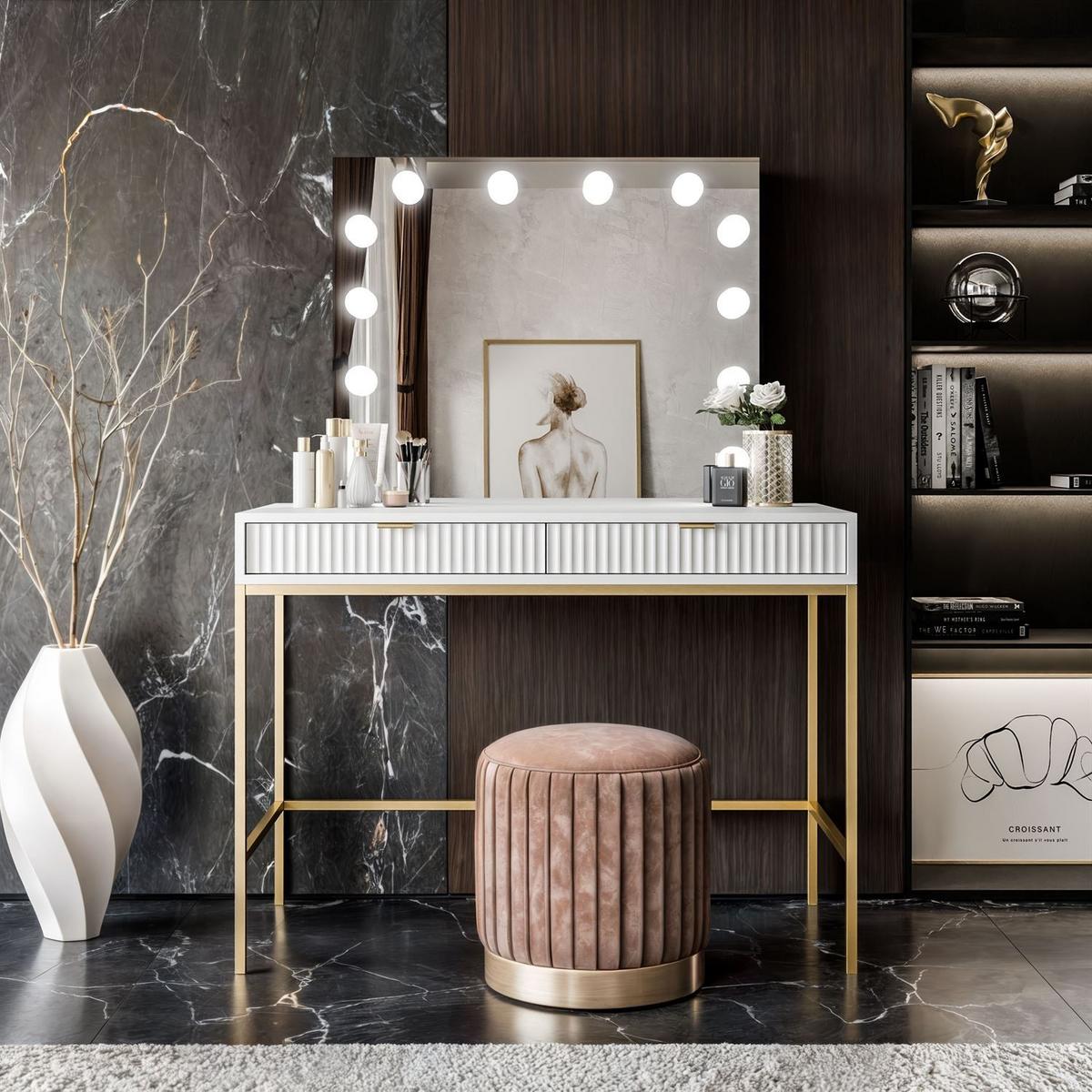 SCHMINKTISCH MIT SPIEGEL CORTADO ELITE GOLD WEISS - Weiß, Holzwerkstoff (104/78/50cm) - Lookway