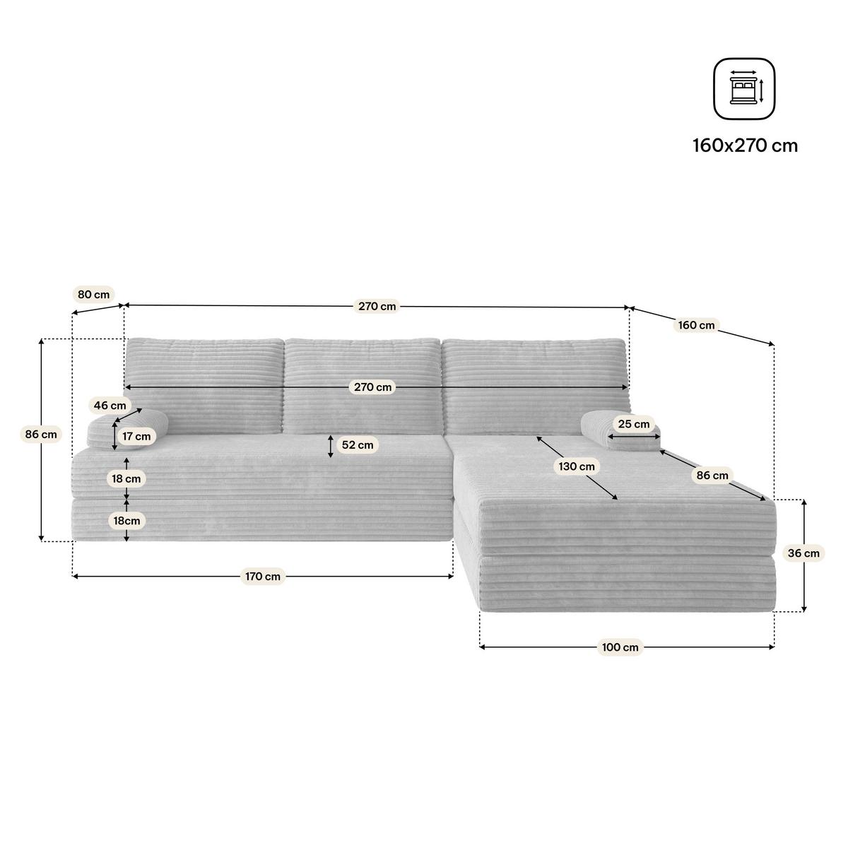 ECKSOFA ANKO modulares Boneless Sofa mit Schlaffunktion Hellgrau Kordstoff - Grau, Textil (270/160cm) - MASSENO