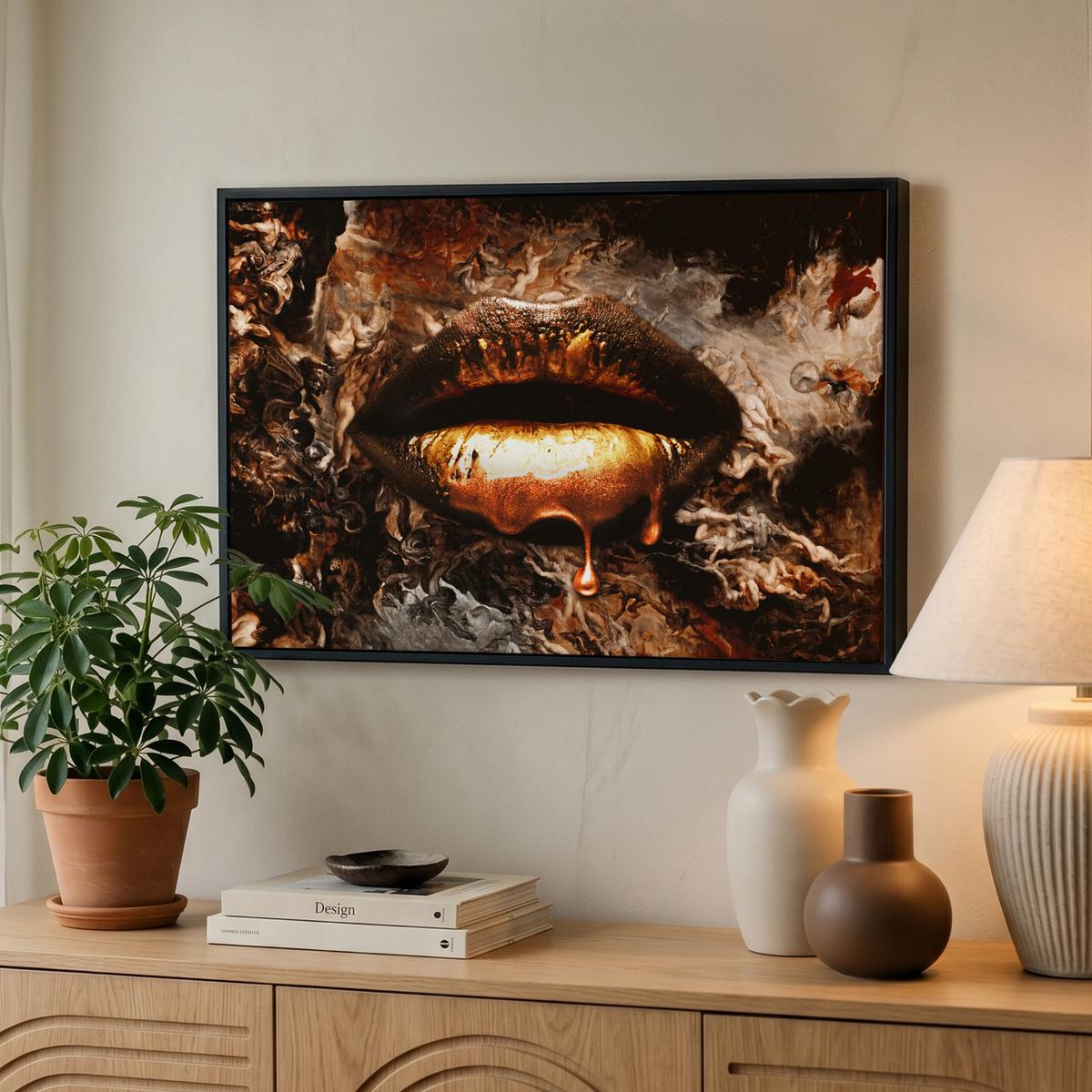 LEINWAND Bilder mit Rahmen - Gold - Lippen - Kunst - Gold - Luxus - Abstrakt - 60x40 - Kupferfarben, Textil (60/40cm) - MuchoWow