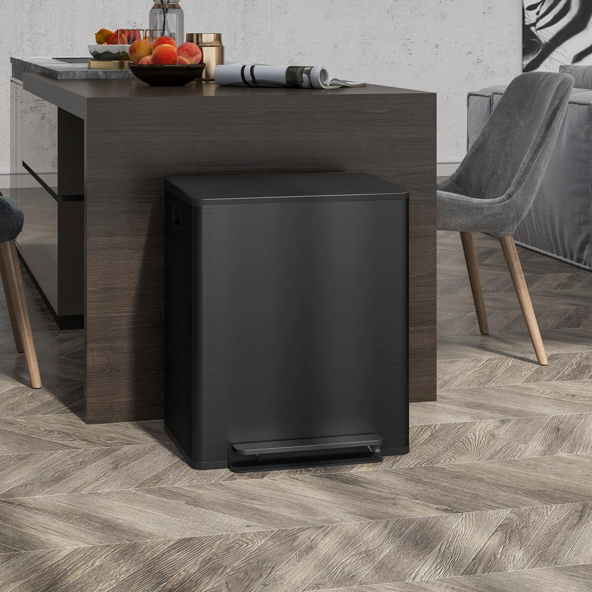 MÜLLEIMER 2 x 25L Treteimer mit Deckel, Fußpedal, Inneneimer, Edelstahl - Schwarz, Metall (37.5/56/47.7cm) - HOMCOM