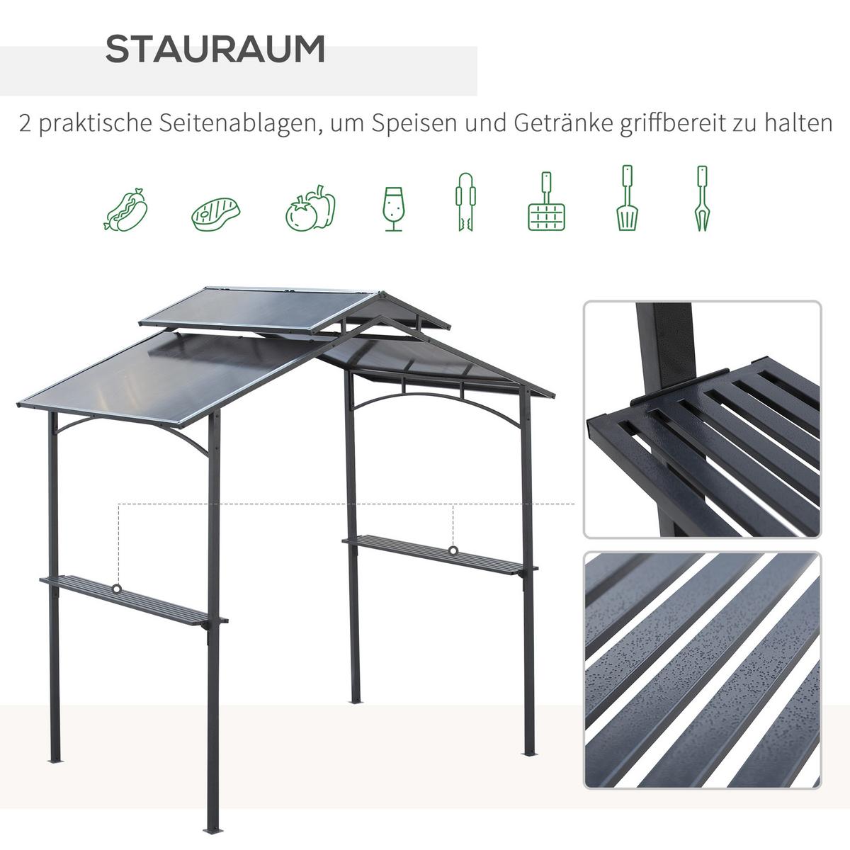 GRILLPAVILLON mit Flammschutzdach 2,5 x 1,5m BBQ-Pavillon mit 2 Ablagen Stahl PC - Schwarz, Metall (150/250/240cm) - Outsunny