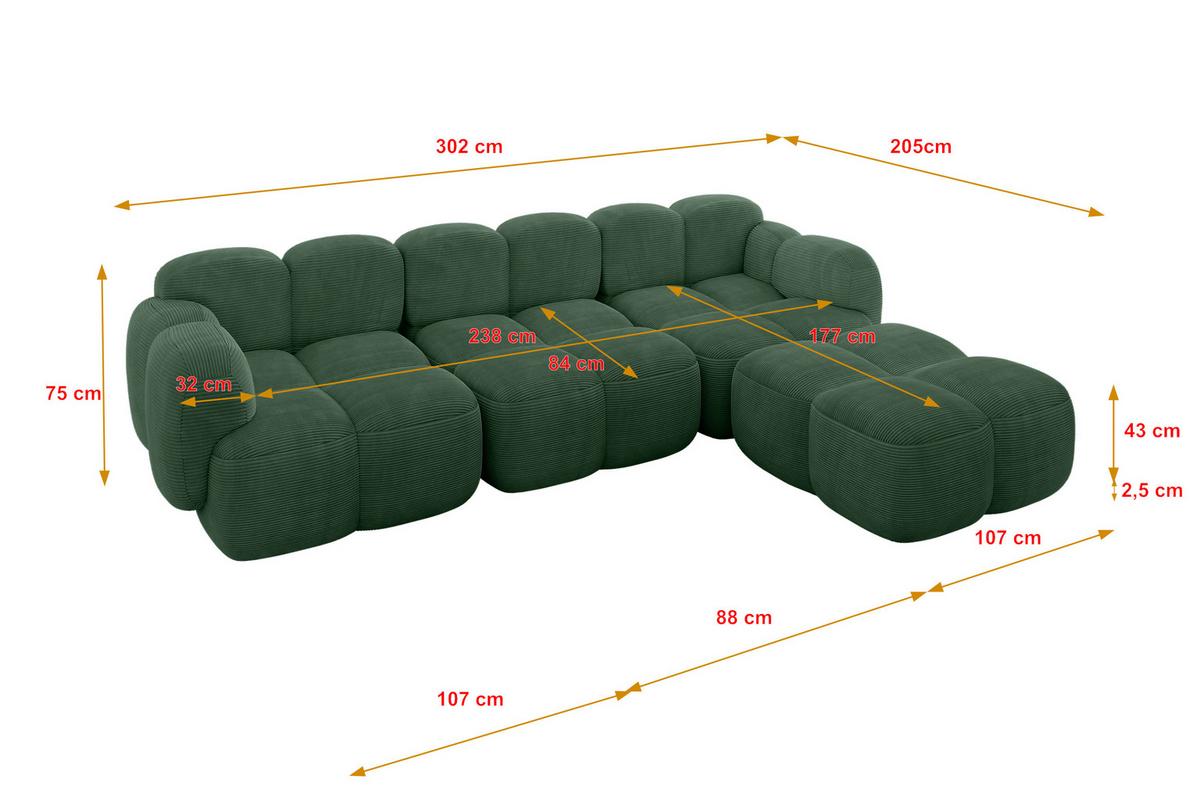ECKSOFA modulares Sofa Rechts Miko-L2 302x205x75 Grün Cord - Waldgrün/Schwarz, Holzwerkstoff/Kunststoff (302/205cm) - ALTDECOR