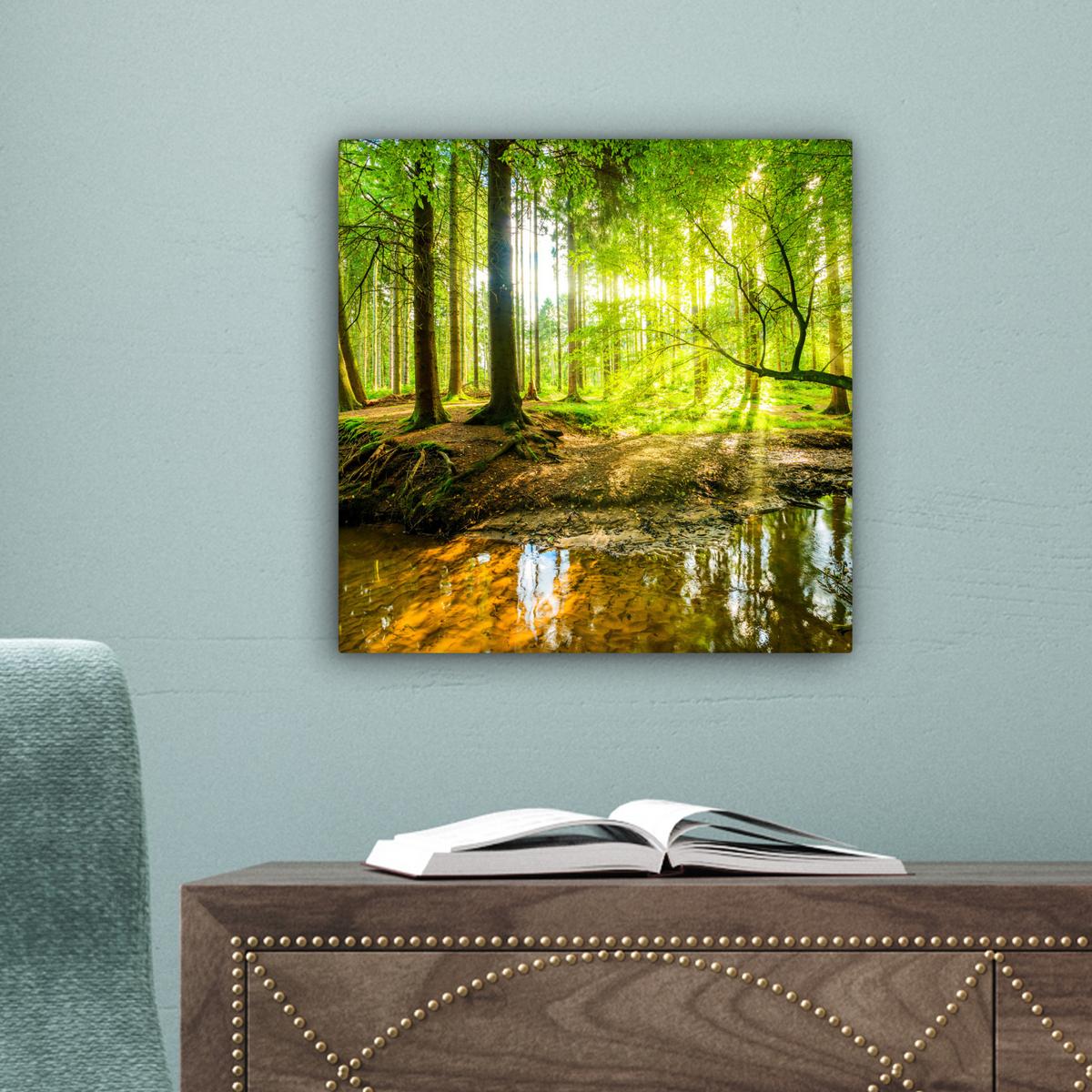 LEINWANDBILD Wald - Landschaft - Wasser - Bäume - Sonne - Grün - Natur Deko Wohnzimmer 20x20 cm - Grün, Textil (20/20cm) - MuchoWow