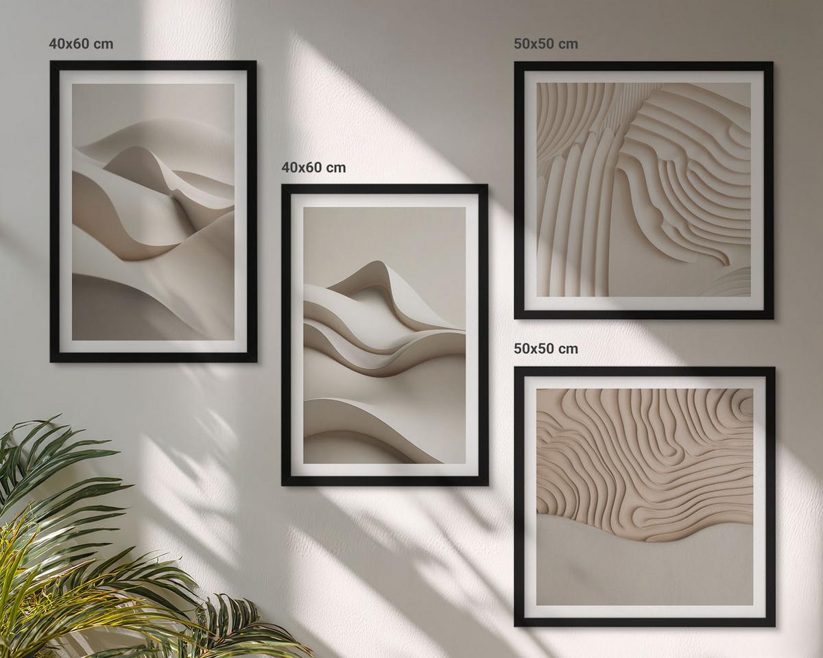 BILDER SET 4er Set - 50x50 cm & 40x60 cm Schwarzer Rahmen - Abstrakte beige Wellen - Schwarz, Kunststoff (50/50cm) - TULUP