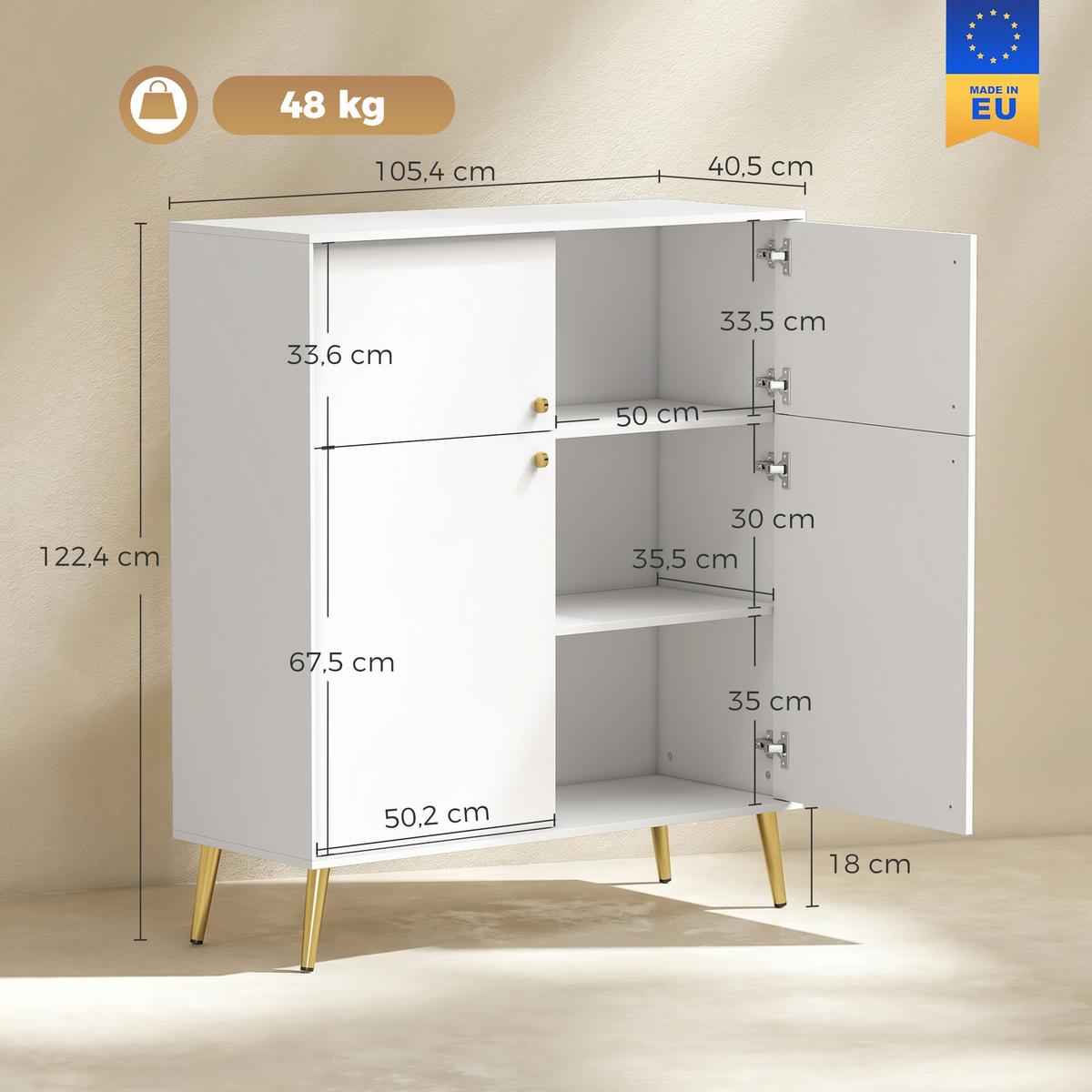 SIDEBOARD Spanplatte Metall Cremeweiß - Goldfarben/Creme, Holzwerkstoff/Metall (40.5/122.4/105.4cm) - HOMCOM
