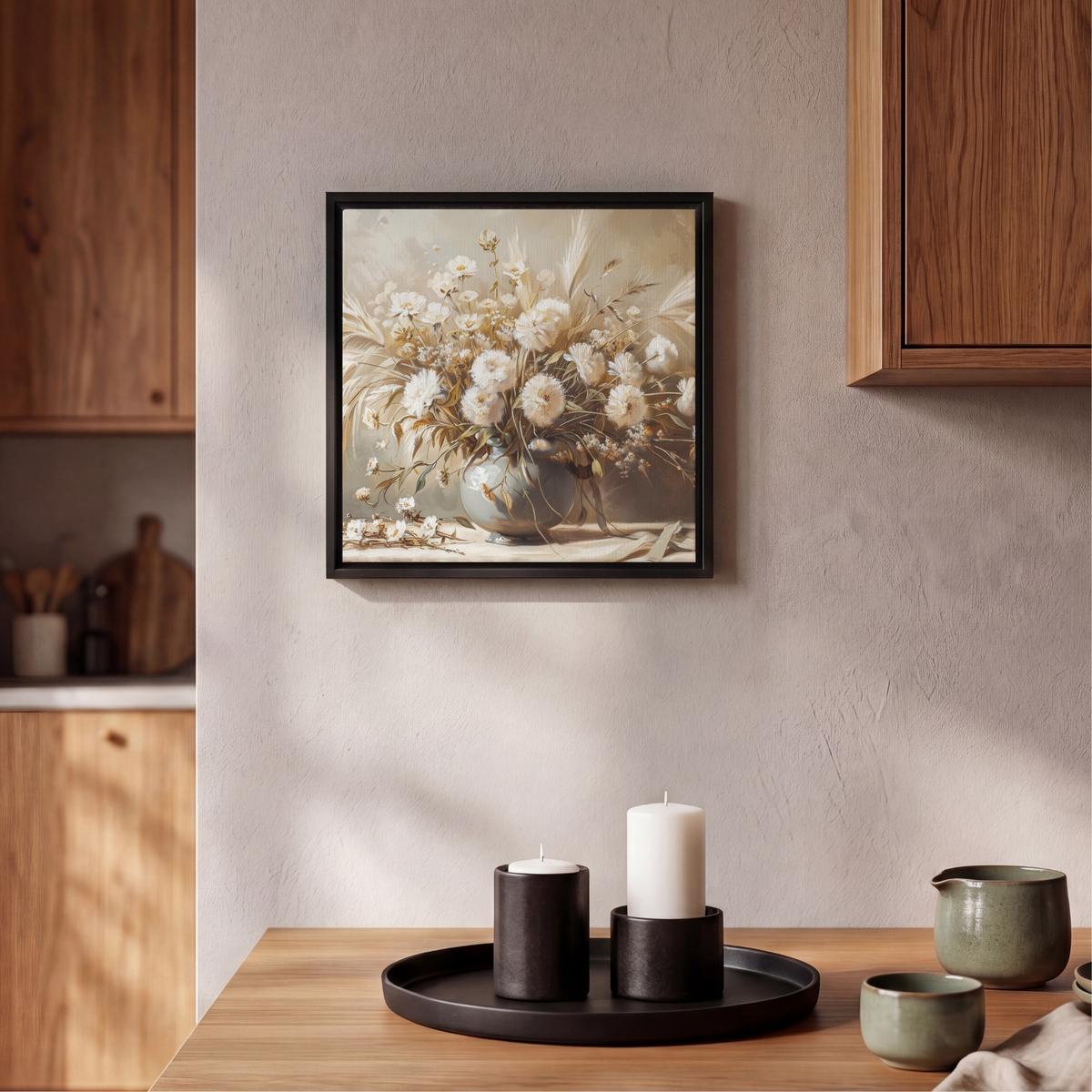 LEINWAND Bilder mit Rahmen - Blumen - Vase - Stilleben - Beige - 20x20 - Creme, Textil (20/20cm) - MuchoWow
