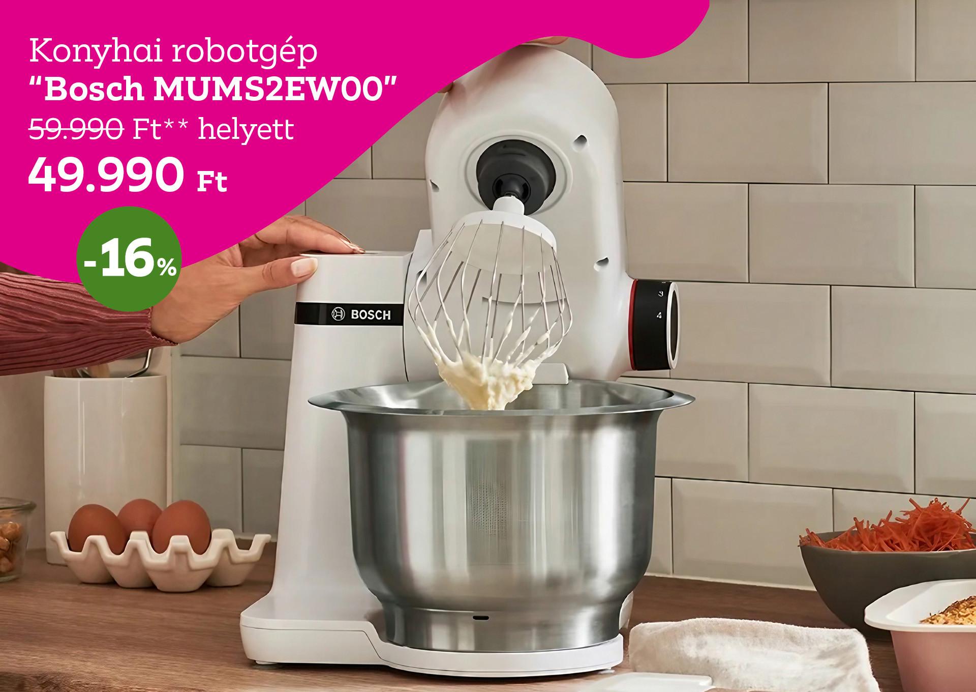 Konyhai robotgép BOSCH MUMS2EW00 59990 Forint helyett 49990 Forint, kedvezmény mértéke 16%