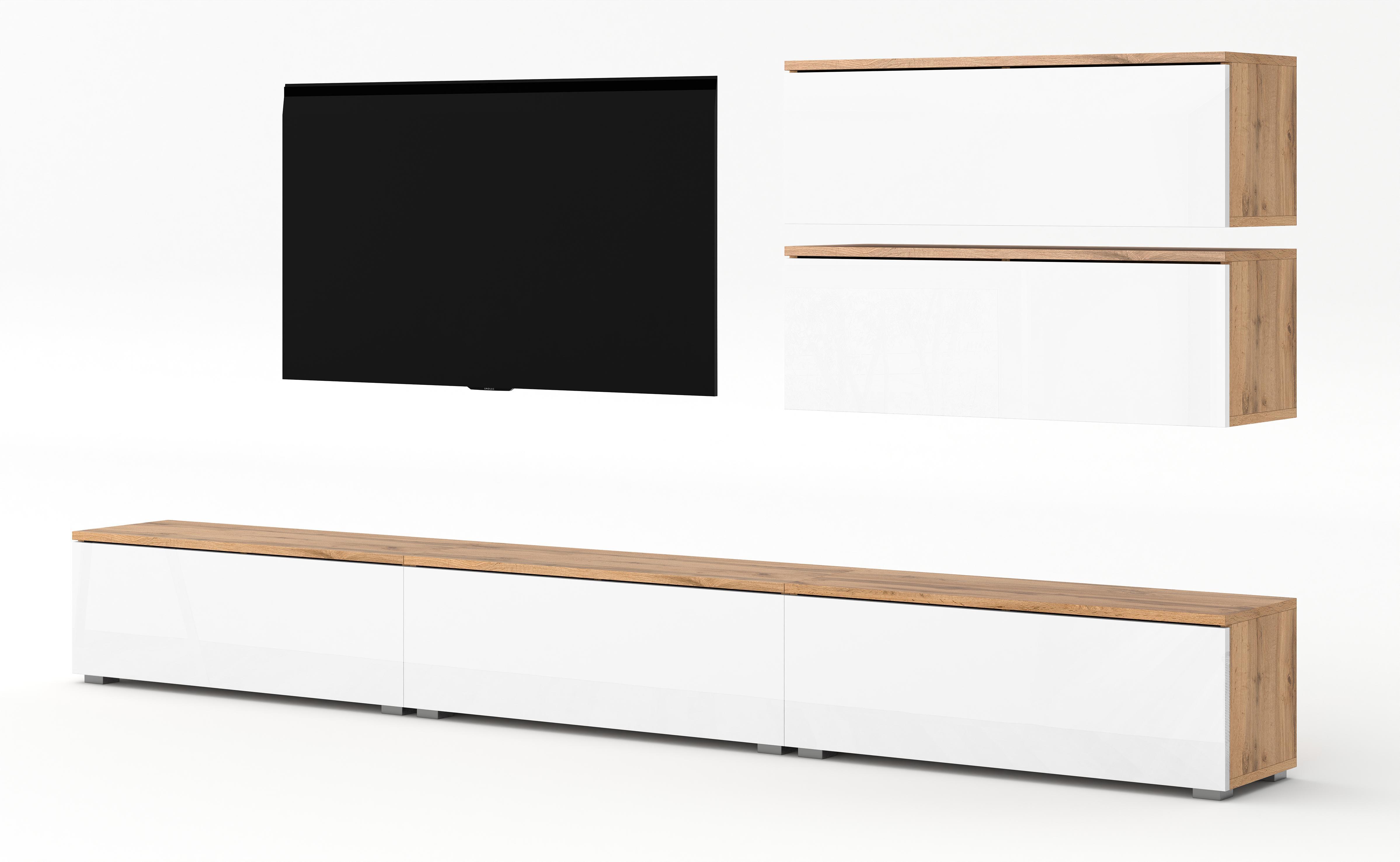 WOHNWAND Loriano V Wotan, Weiß Hochglanz 300/104,5/32 cm – Hängend und Stehend - Braun/Weiß, Holzwerkstoff/Kunststoff (300/104.5/32cm) - AX Living