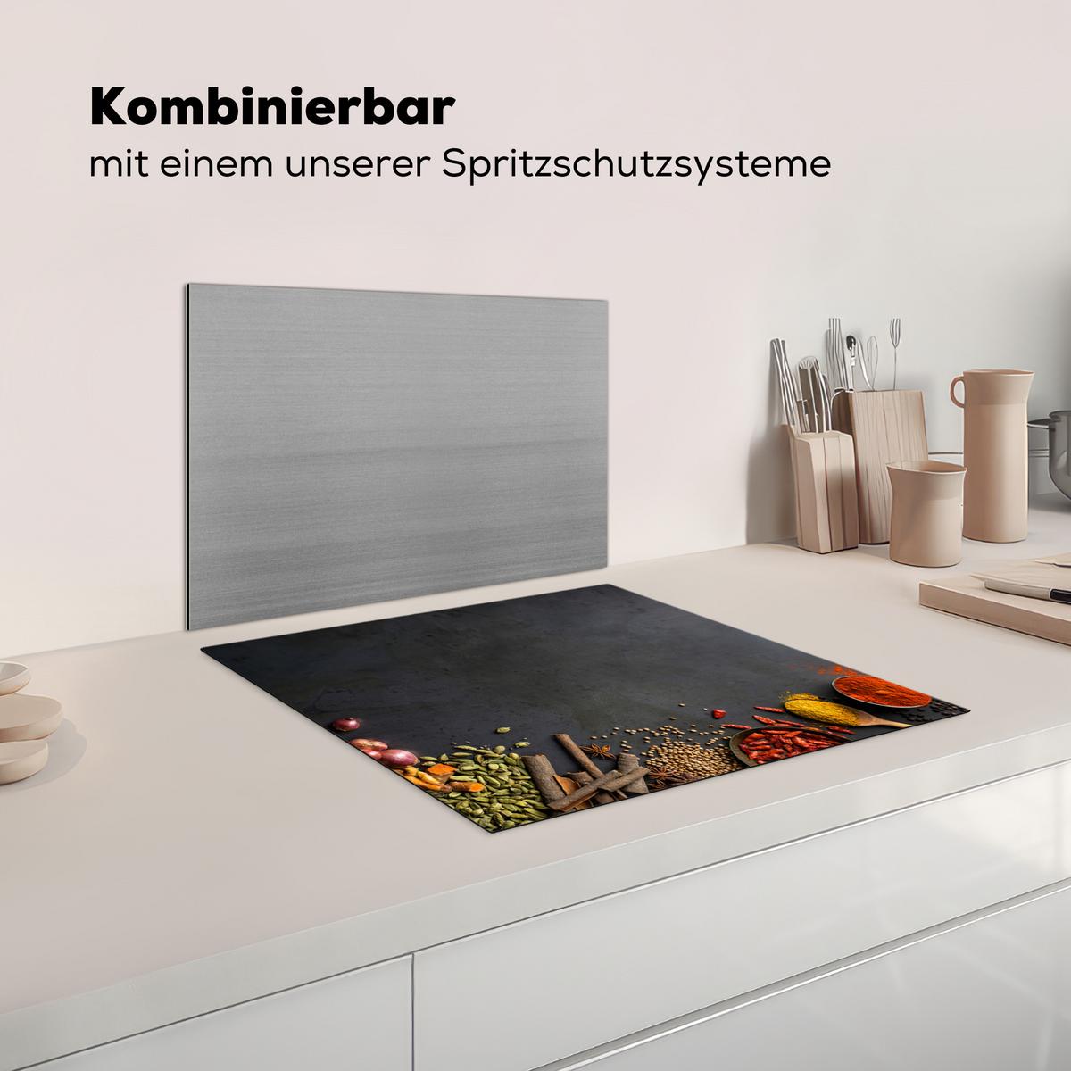 HERDABDECKPLATTE Kräuter - Lebensmittel - Gewürze - Schwarz - Paprika - Zimt Ceranfeldabdeckung 59x52 cm - Currygelb, Kunststoff (59/52/0.2cm) - MuchoWow