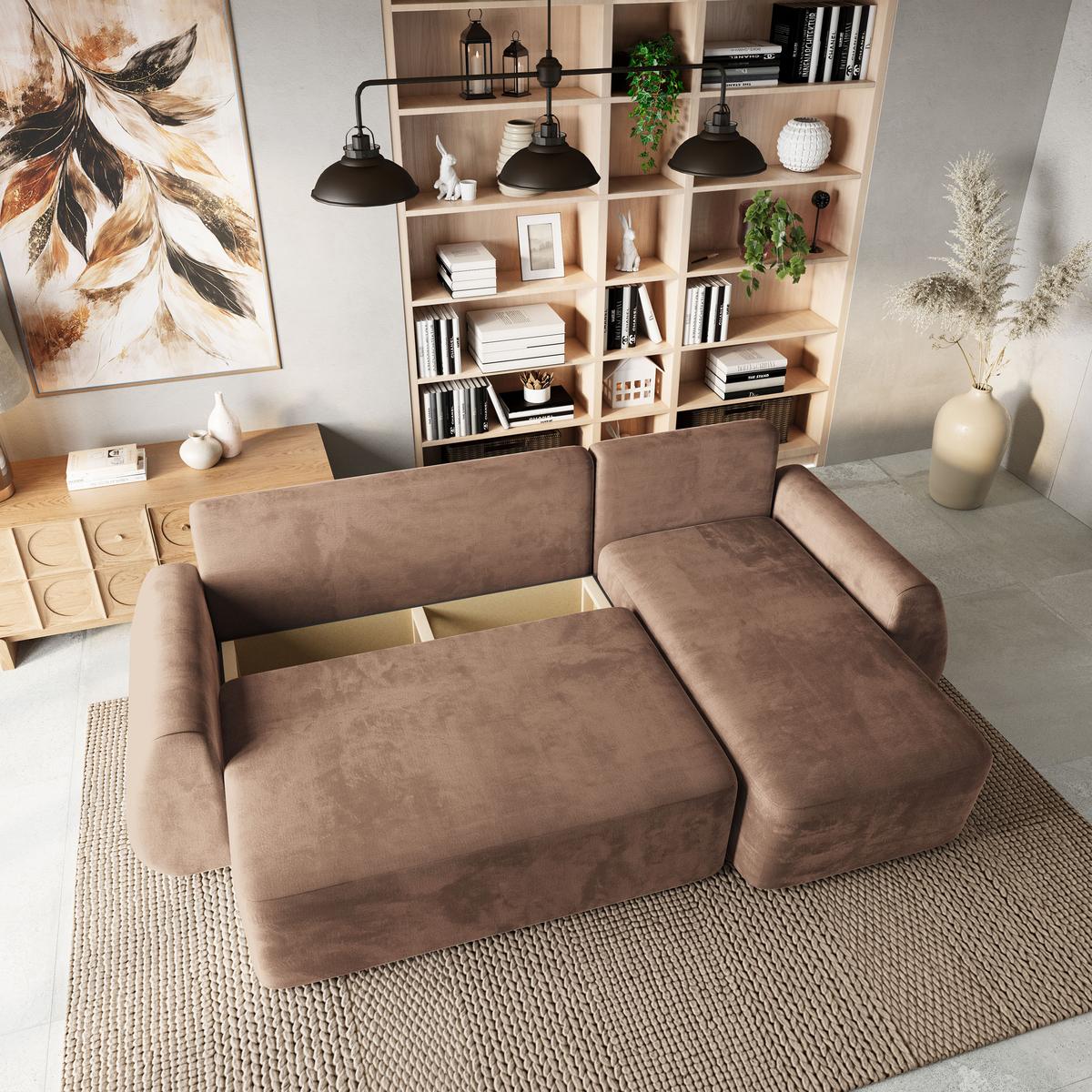 ECKSOFA GALVIS Beige Velours-Stoff mit Schlaffunktion - Beige, Holz (256/156cm) - MASSENO