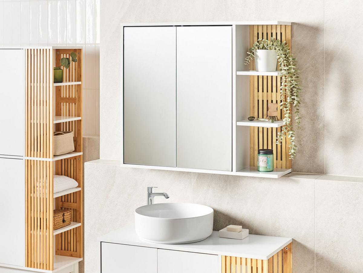 BAD-SPIEGELSCHRANK 80/70 cm Weiß Nubes - Weiß/Braun, Holzwerkstoff (80/70/21cm) - Beliani