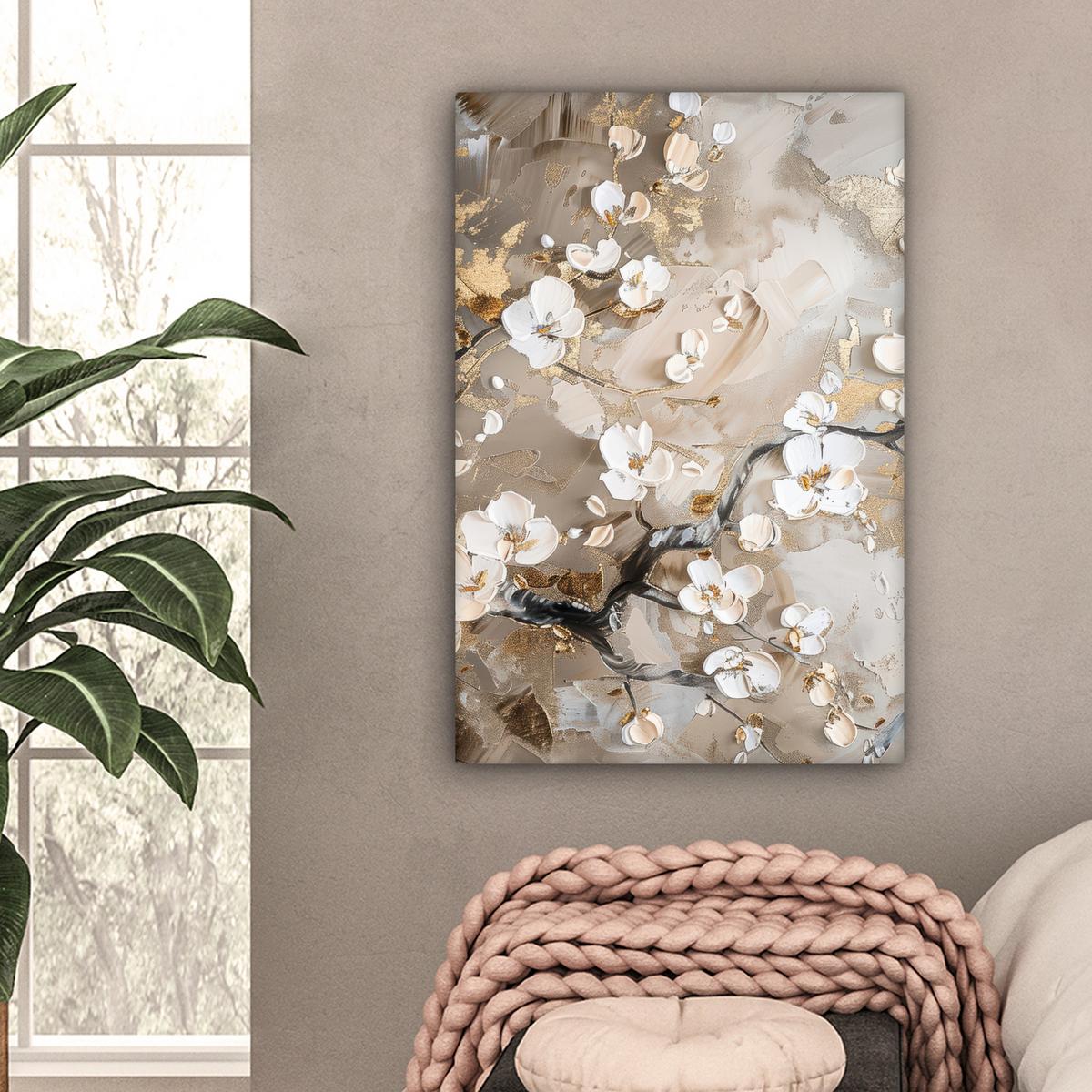LEINWANDBILD Blumen - Weiß - Gold - Beige - Luxus Wanddeko 40x60 cm - Greige, Textil (40/60cm) - MuchoWow