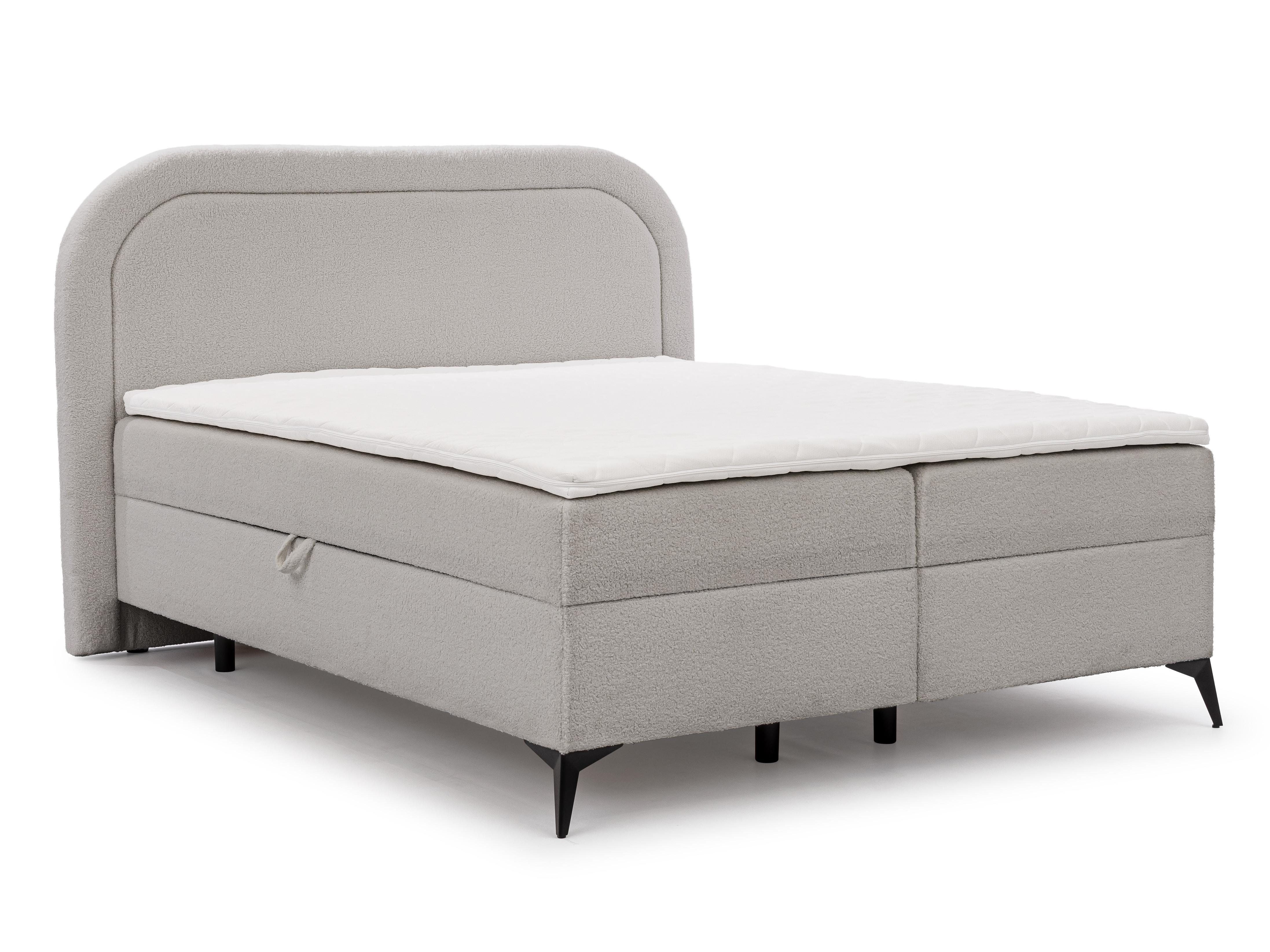BOXBETT Sonna 140/200 cm Hellgrau Bouclé-Stoff mit abgerundetem Kopfteil und mit schwarzen Metallfüße - Hellgrau/Schwarz, Holz/Textil (140/200cm) - S-Style Möbel