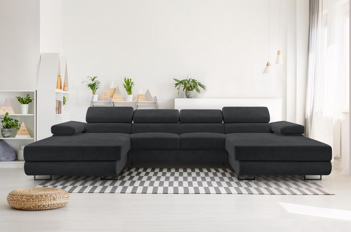 WOHNLANDSCHAFT Arborio Dunkelgrau 352/202/90 cm mit Schlaffunktion - Schwarz, Textil/Metall (352/90/202cm) - AX Living