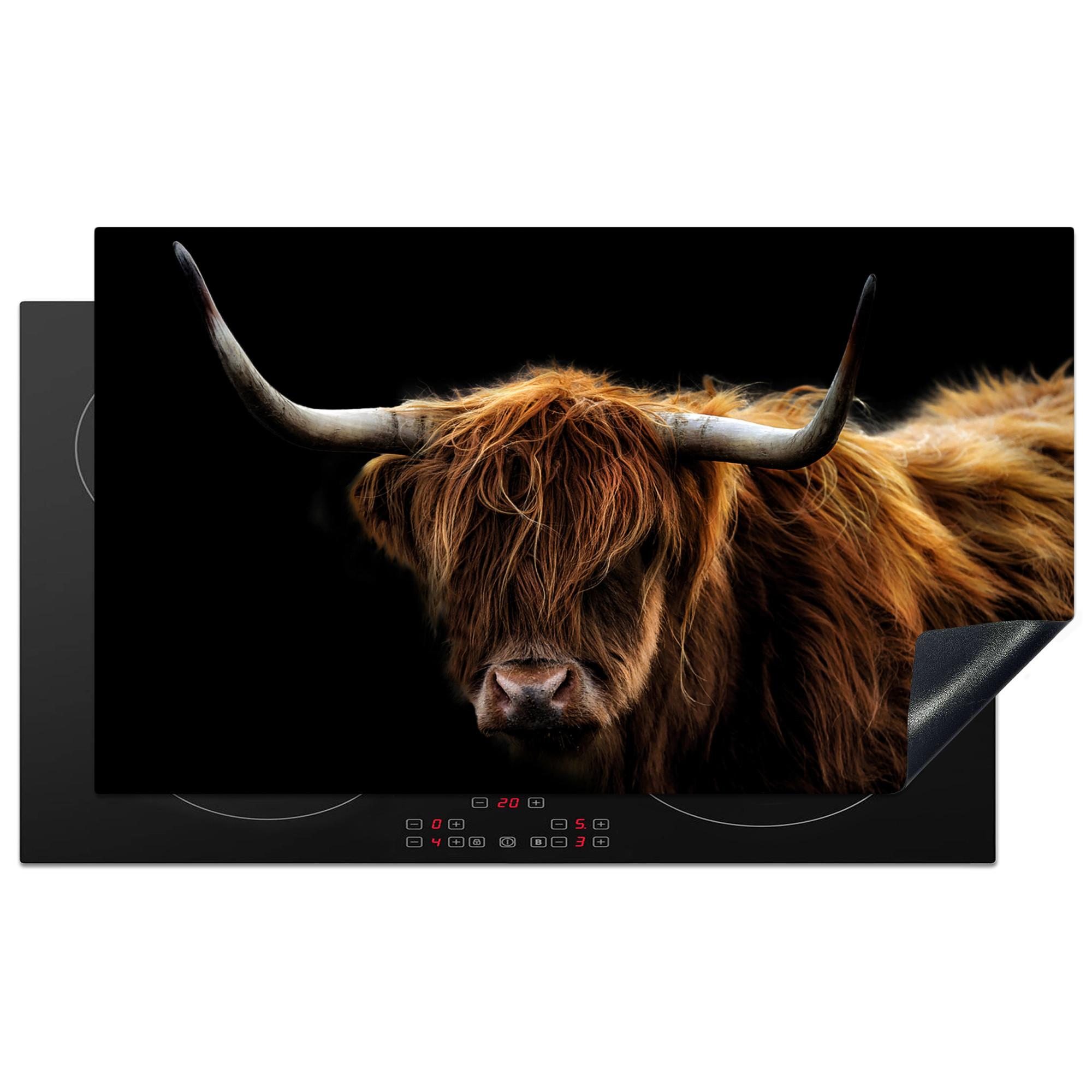 HERDABDECKPLATTE Schottischer Highlander - Hörner - Schwarz - Tiere - Natur - Wild - Kuh Induktionsschutz 89.6x51.6 cm - Cognac, Kunststoff (89.6/51.6/0.2cm) - MuchoWow