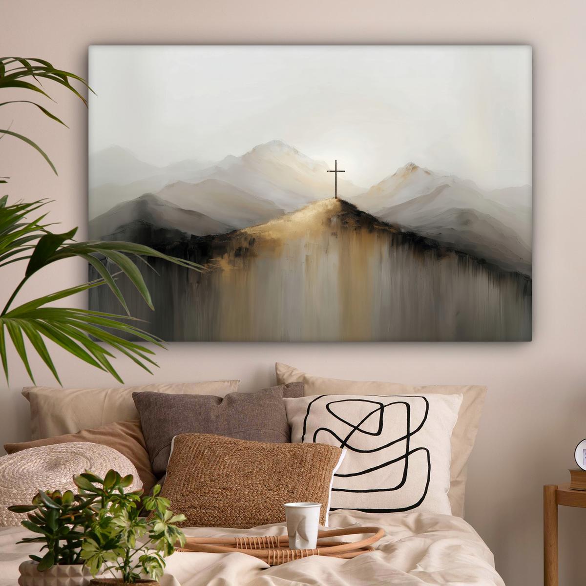 LEINWANDBILD Hügel - Abstrakt - Kreuz - Christentum Wohnzimmer Groß 120x80 cm - Beige, Textil (120/80cm) - MuchoWow