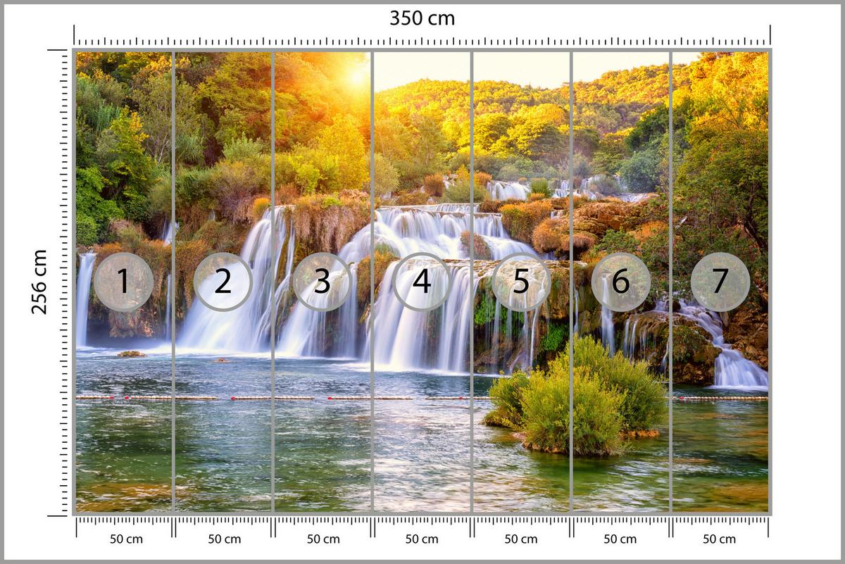 FOTOTAPETE für Esszimmer Wasserfall Sonnenaufgang Morgenlicht Bäume 350x256 - Gelb/Beige, Papier (350/256cm) - Muralo