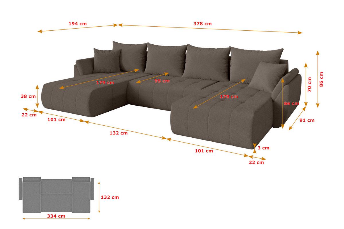 WOHNLANDSCHAFT mit Schlaffunktion und Bettkasten TOKO-U 378x194x86 Braun Bouclé - Schwarz/Braun, Holzwerkstoff/Kunststoff (378/86/194cm) - ALTDECOR