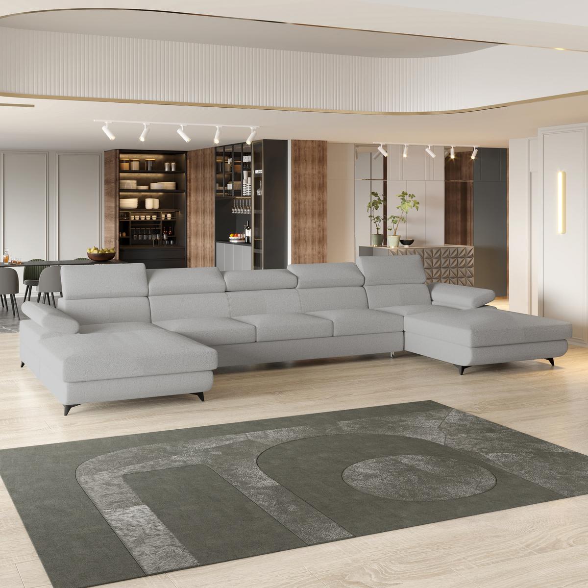 WOHNLANDSCHAFT VIVENTE Hellgrau Boucle-Stoff mit Schlaffunktion - Hellgrau, Holz (410/89/190cm) - MASSENO