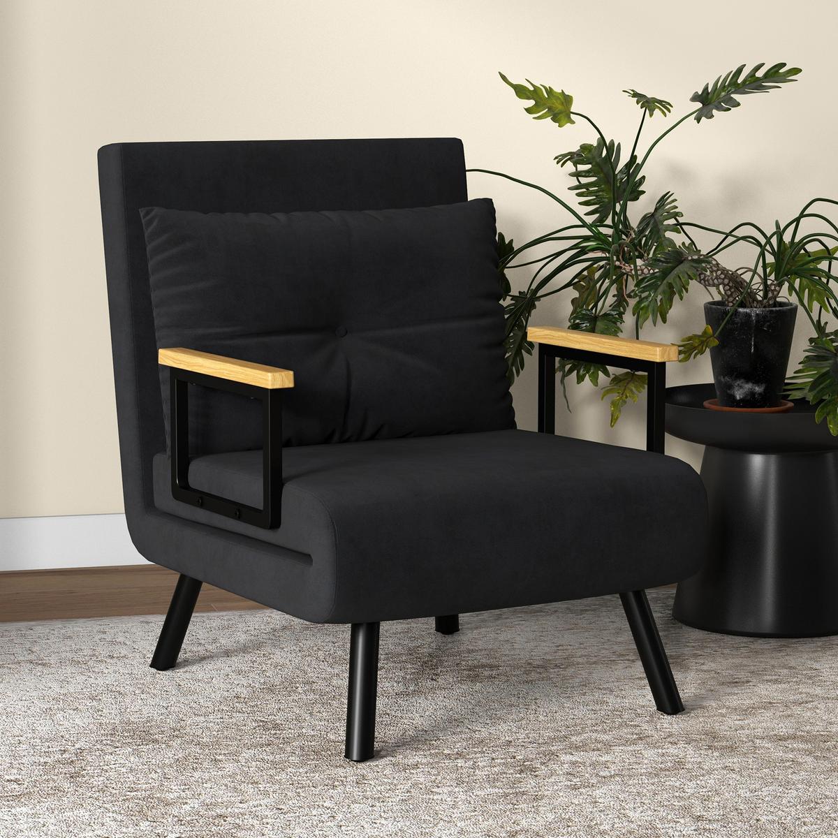 SCHLAFSESSEL, Einzelsofa mit Bettfunktion, Relaxsessel mit Rückenkissen Schwarz - Schwarz/Naturfarben, Holz/Textil (63/81/73cm) - HOMCOM