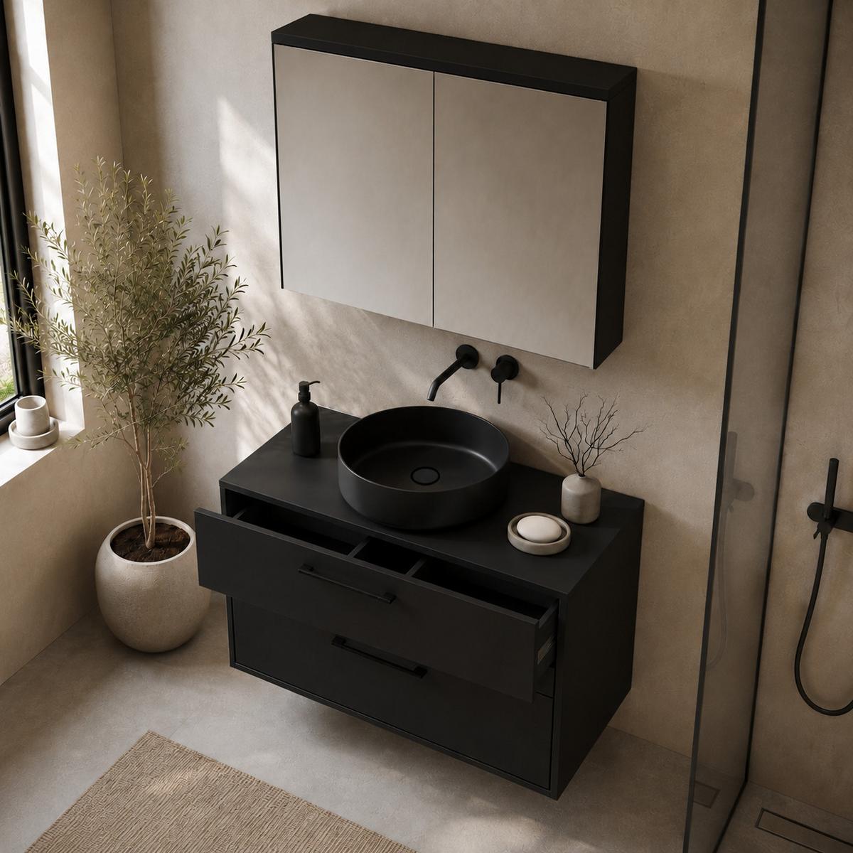 BADMÖBEL-SET Florence 2 Teile Matt Schwarz - 80 x 46 x 46 cm - Schwarz, Holz (80/46/46cm) - Badplaats