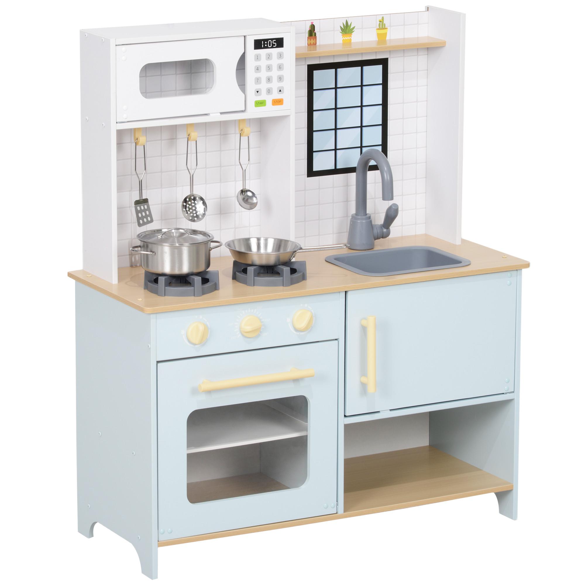 KINDERKÜCHE Spielküche mit Mikrowelle, Herd und Backofen, Küchenzubehör - Blau, Holzwerkstoff (72/33/85.2cm) - AIYAPLAY