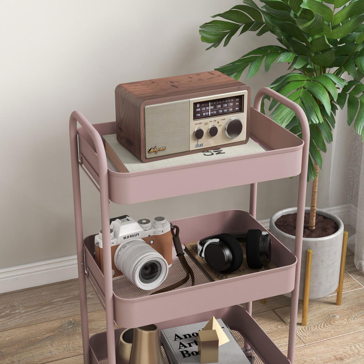 SERVIERWAGEN Rollwagen mit 3 Etagen, für Küche, Wohnzimmer, Stahl, Rosa - Rosa, Metall (30.6/79/45cm) - HOMCOM