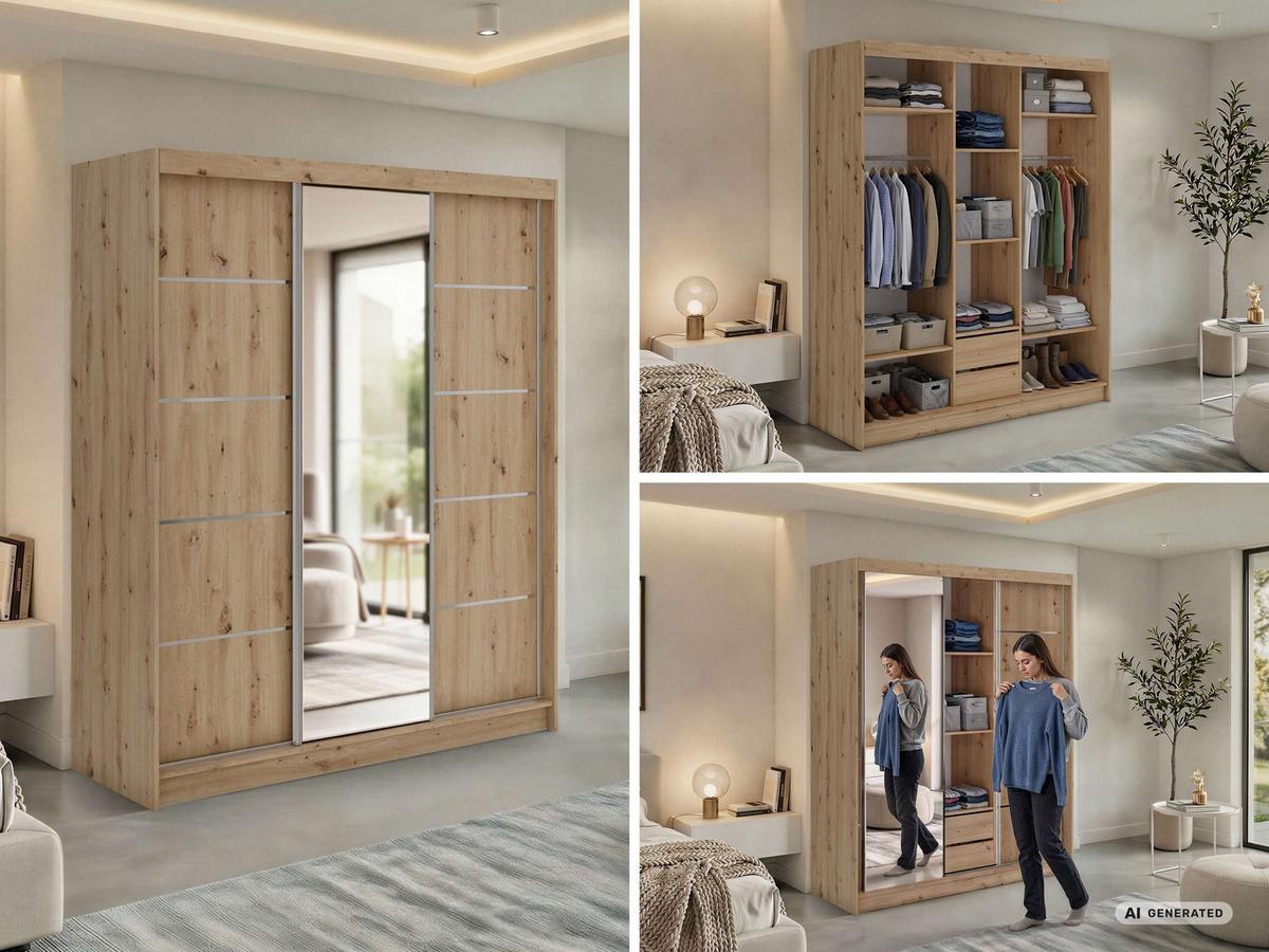 SCHWEBETÜRENSCHRANK mit Schubladen 180 - SKORIA - Eiche Artisan mit Spiegel - Alufarben/Eiche Artisan, Holzwerkstoff/Metall (180/216/61cm) - MKS