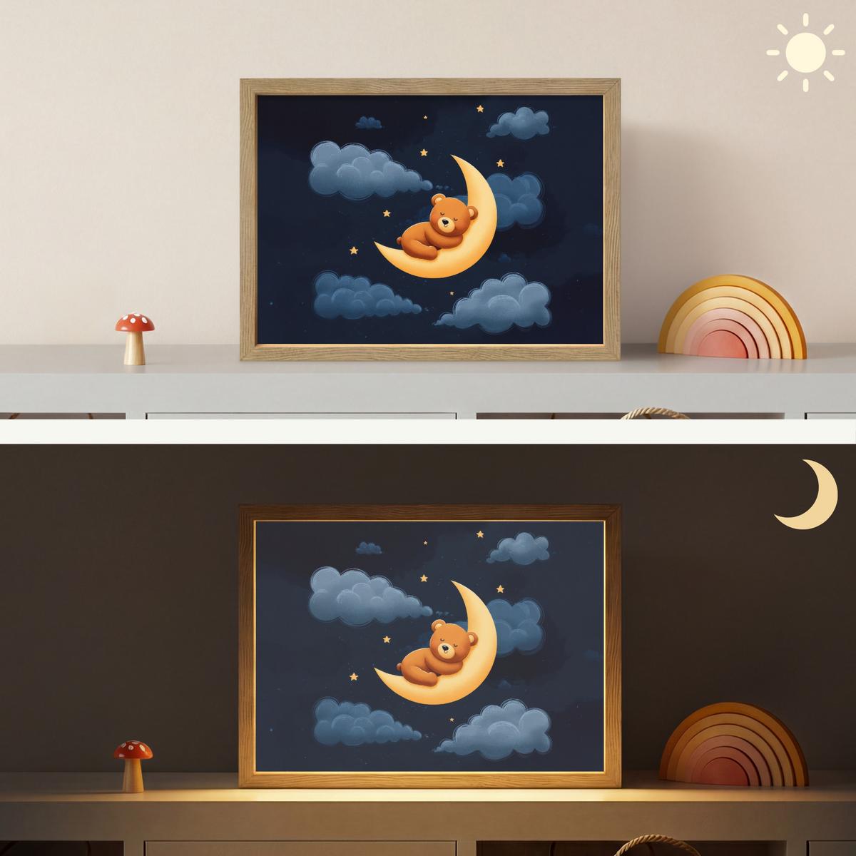 WANDLEUCHTE MIT AKKU Teddybär - Mond - Wolken - Sterne 40x30 cm - Dunkelblau, Holzwerkstoff (40/30/8cm) - OnlyWow