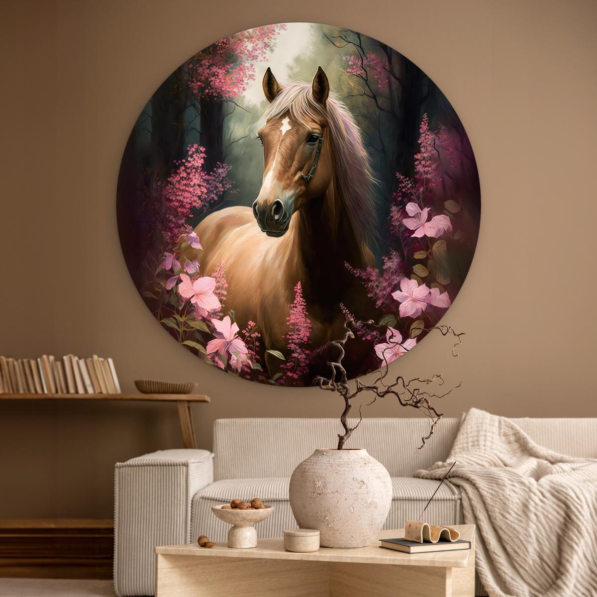 WANDBILD Pferd - Blumen - Rosa - Natur - Wald Deko Groß 150x150 cm - Altrosa, Kunststoff (150/150cm) - MuchoWow