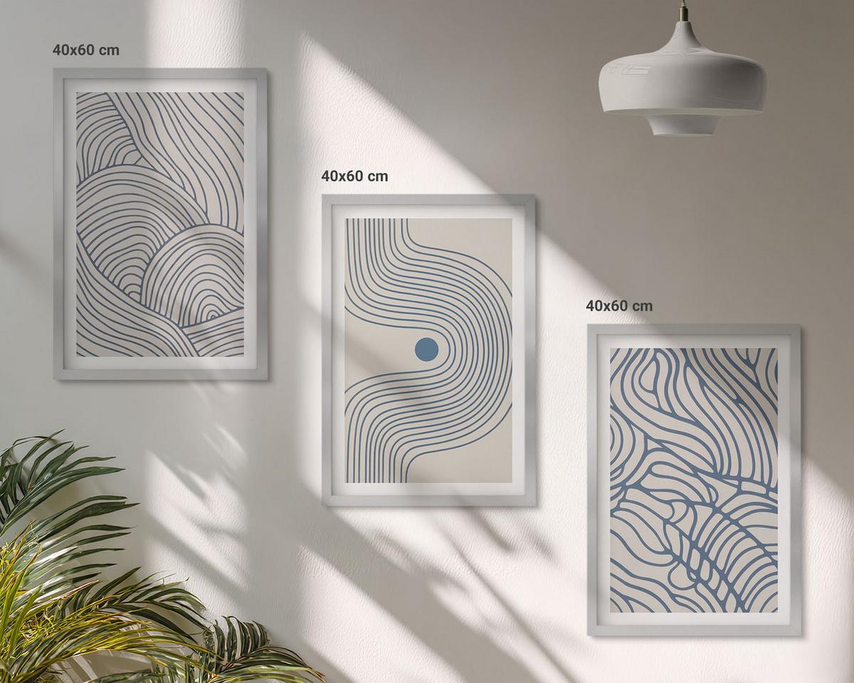 BILDER SET 3er Set - 40x60 cm Silberner Rahmen - Abstrakte Linien, Wellenformen - Silberfarben, Kunststoff (40/60cm) - TULUP