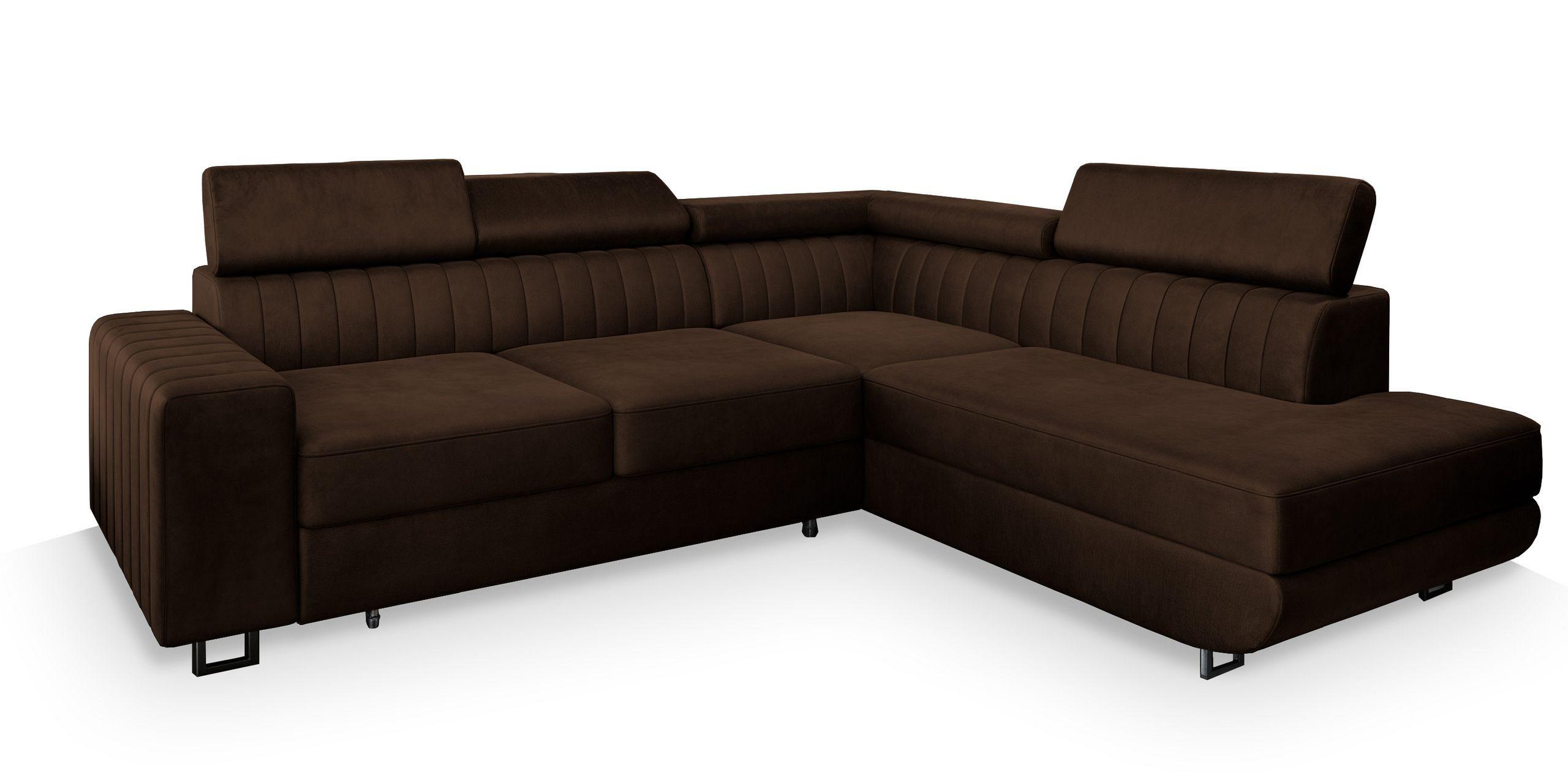 ECKSOFA NOLA R-S Braun Velours-Stoff mit Schlaffunktion - Silberfarben/Braun, Holz/Textil (253/190cm) - MASSENO