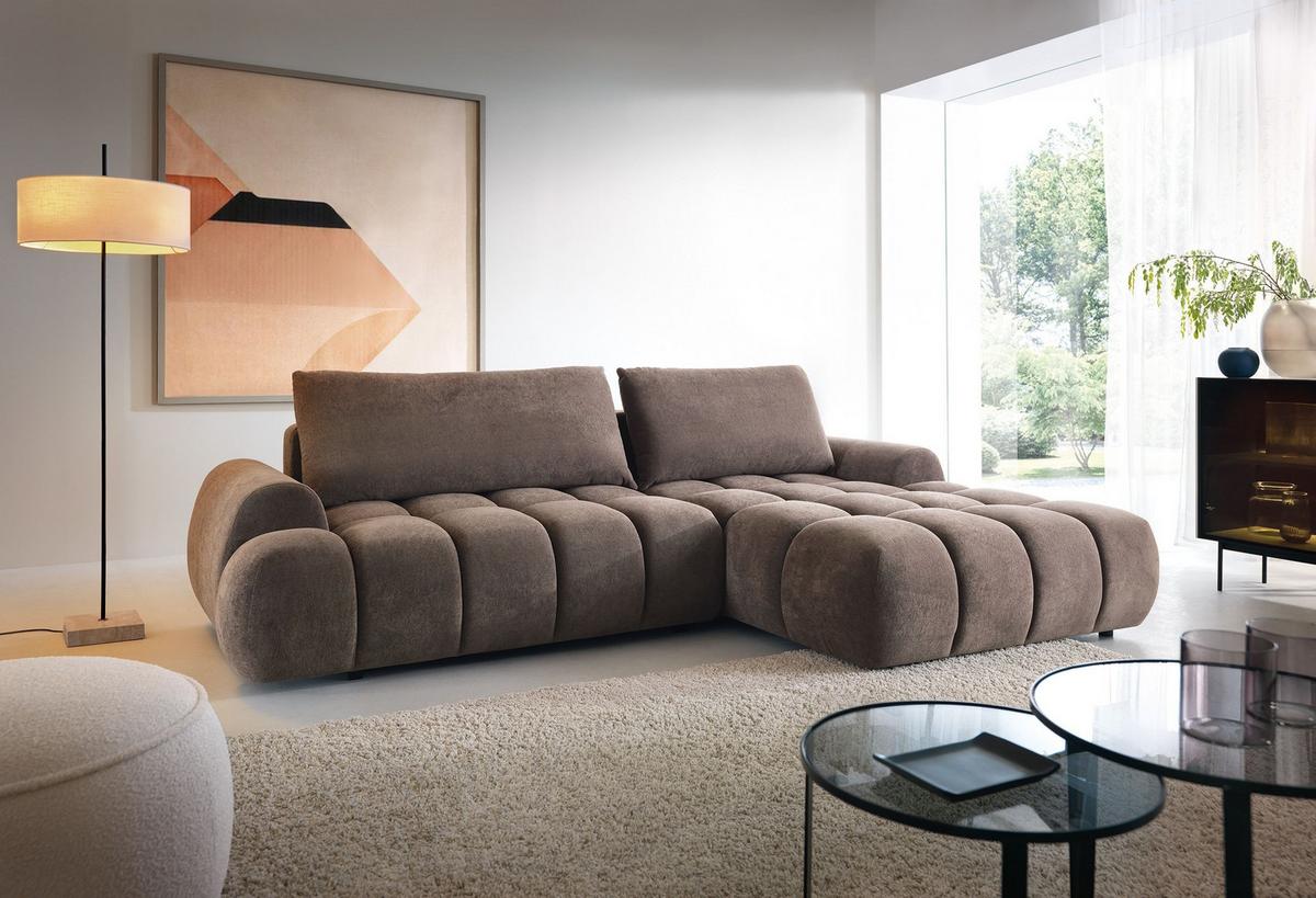 ECKSOFA GARDA Braun Plüsch-Stoff mit Schlaffunktion - Braun, Holz (280/131cm) - MASSENO