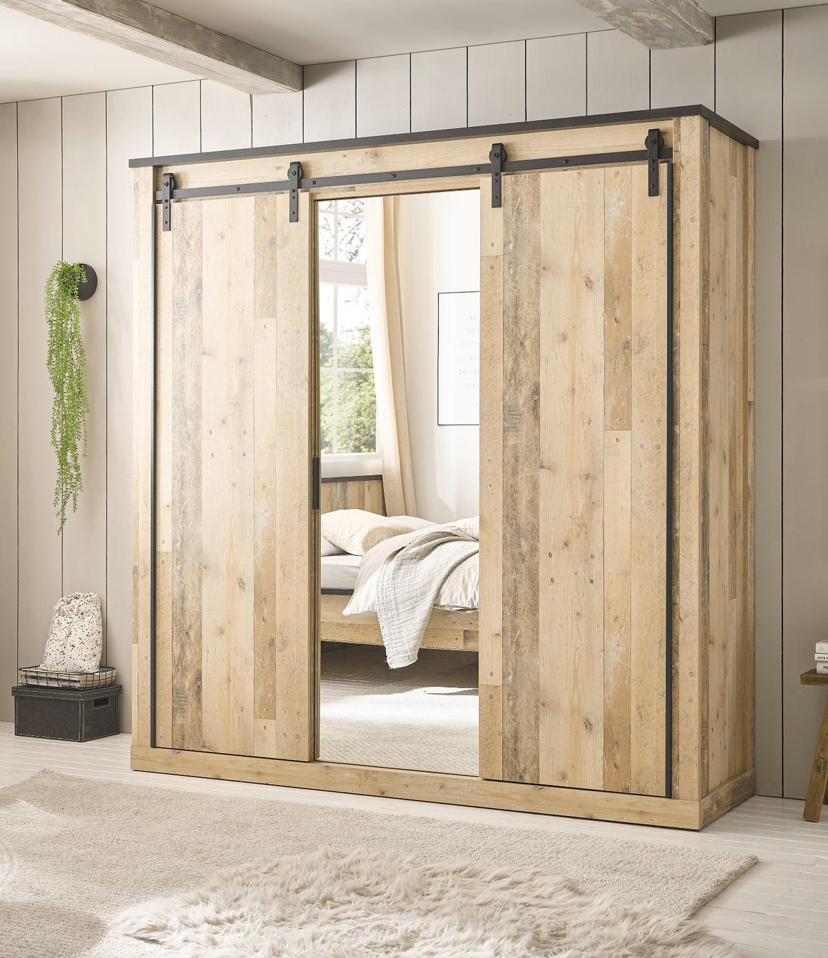KLEIDERSCHRANK Used Wood hell, dunkles Grau 201 x 209 cm, Schiebetürenschrank 3-türig mit Spiegel - Dunkelgrau/Schwarz, Glas/Holzwerkstoff (201/209/63cm) - Furn.Design