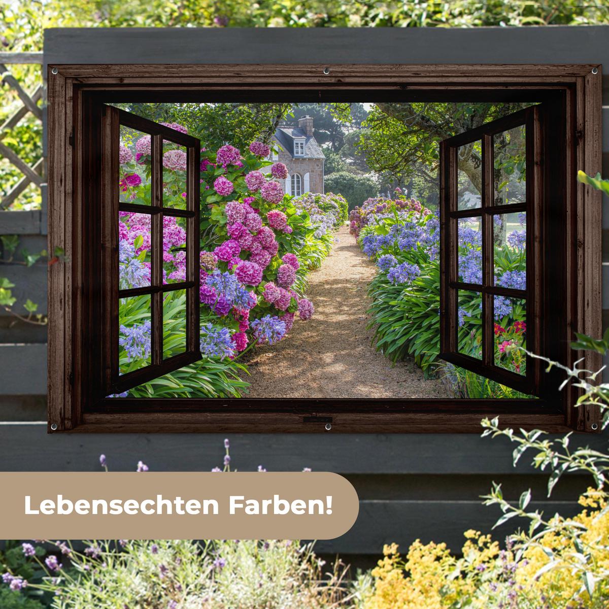 GARTENPOSTER Hortensie - Durchsichtig - Blumen - Lila - Natur - Dunkelbraunes Fenster Poster für draußen 180x120 cm - Dunkelbraun, Kunststoff (180/120/0.2cm) - OnlyWow