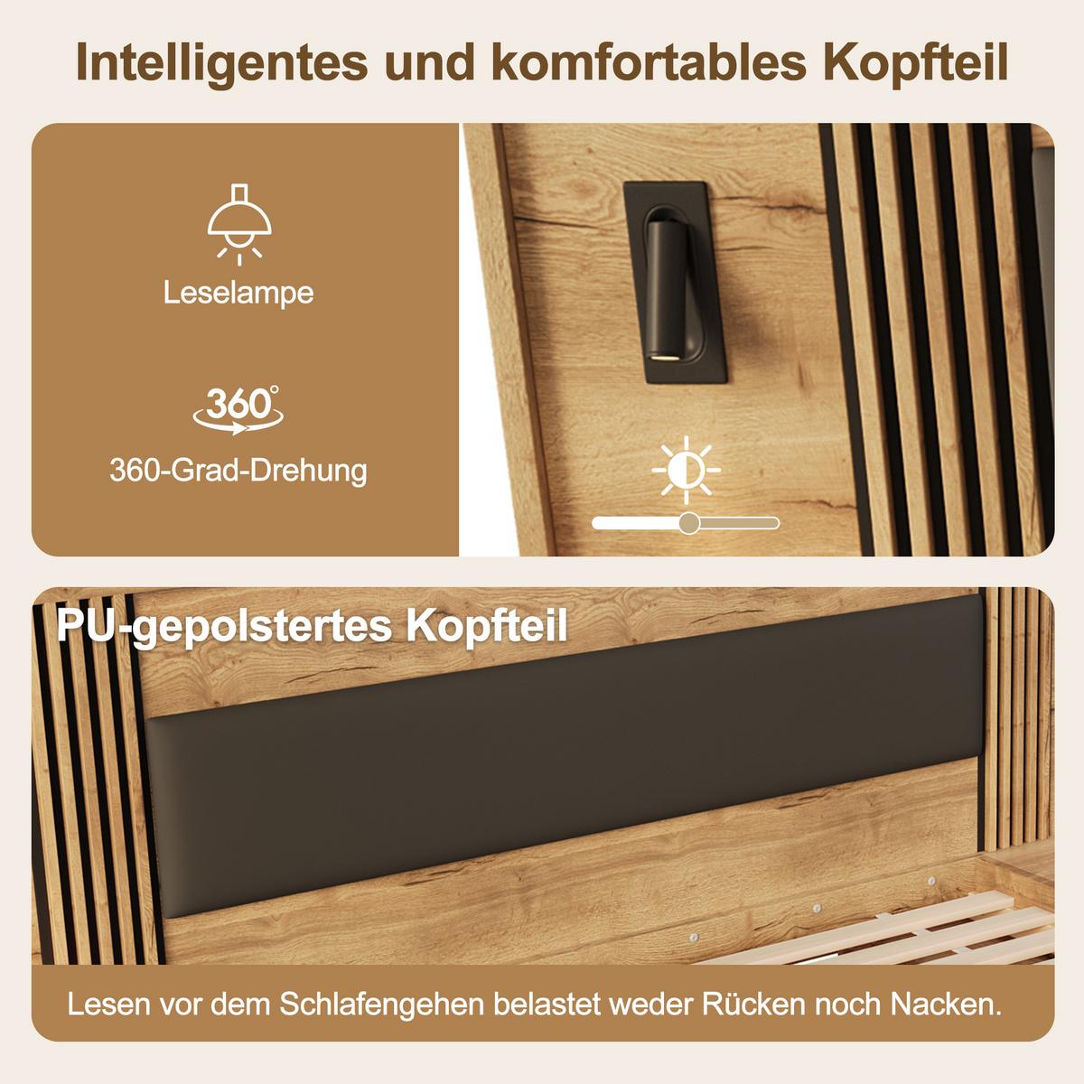 BETT in naturfarbe mit pu-kopfteil, mit stauraum und leselampen - Naturfarben, Holzwerkstoff (180/200cm) - Urban Meuble