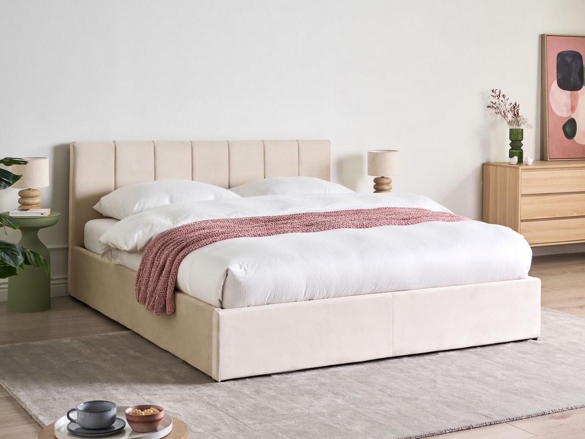 BETT mit Stauraum 160/200 cm Samtstoff Hellbeige Dreux - Beige, Textil (160/200cm) - Beliani