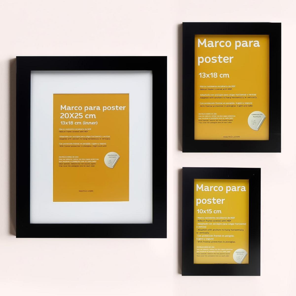 RAHMEN Set mit 10 aus MDF und Acrylglas Schutz und Aussteller für Fotografien, Bilder, Poster, Gemälde Farbe Schwarz 20x25, 13x18, 10x15 cm - Schwarz, Holz (20/3cm) - Nacnic