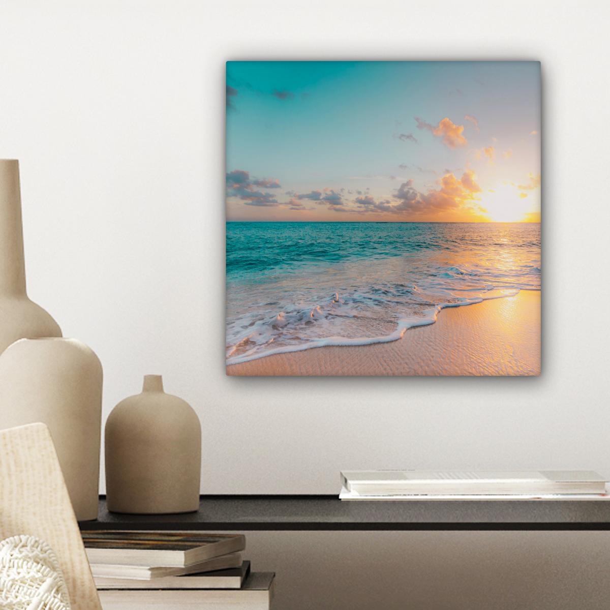 LEINWANDBILD Sonnenuntergang - Strand - Meer - Sommer - Blau Deko Wohnzimmer 20x20 cm - Multicolor, Textil (20/20cm) - MuchoWow